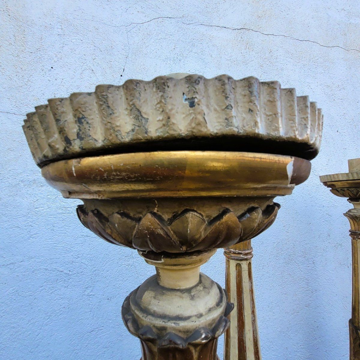 Set Of 6 Large Lacquered And Gilded Wooden Candlesticks, H140cm, Early 19th Century photo 4200.0