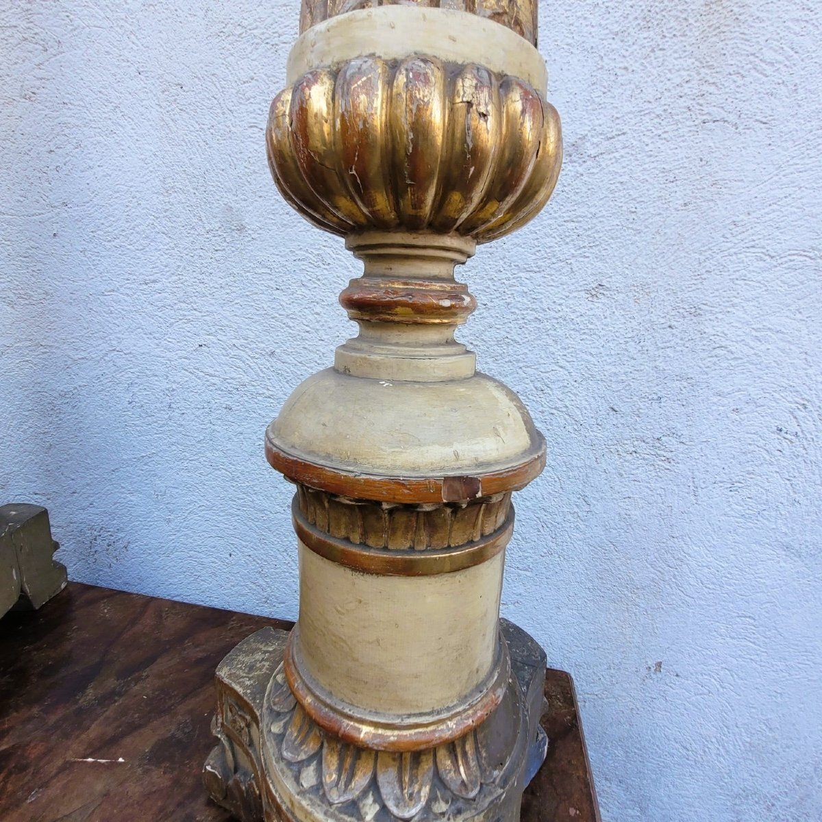 Set Of 6 Large Lacquered And Gilded Wooden Candlesticks, H140cm, Early 19th Century photo vintage