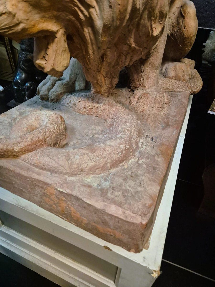 Pair Of Terracotta Lions On A Base, 19th Century photo furniture