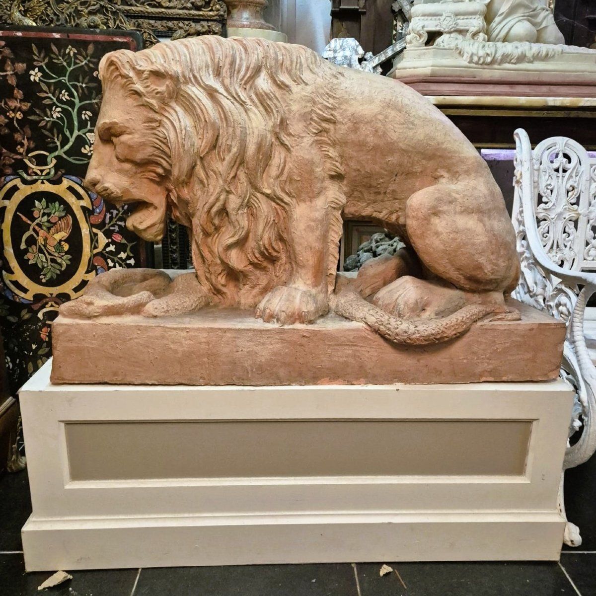 Pair Of Terracotta Lions On A Base, 19th Century photo for sale