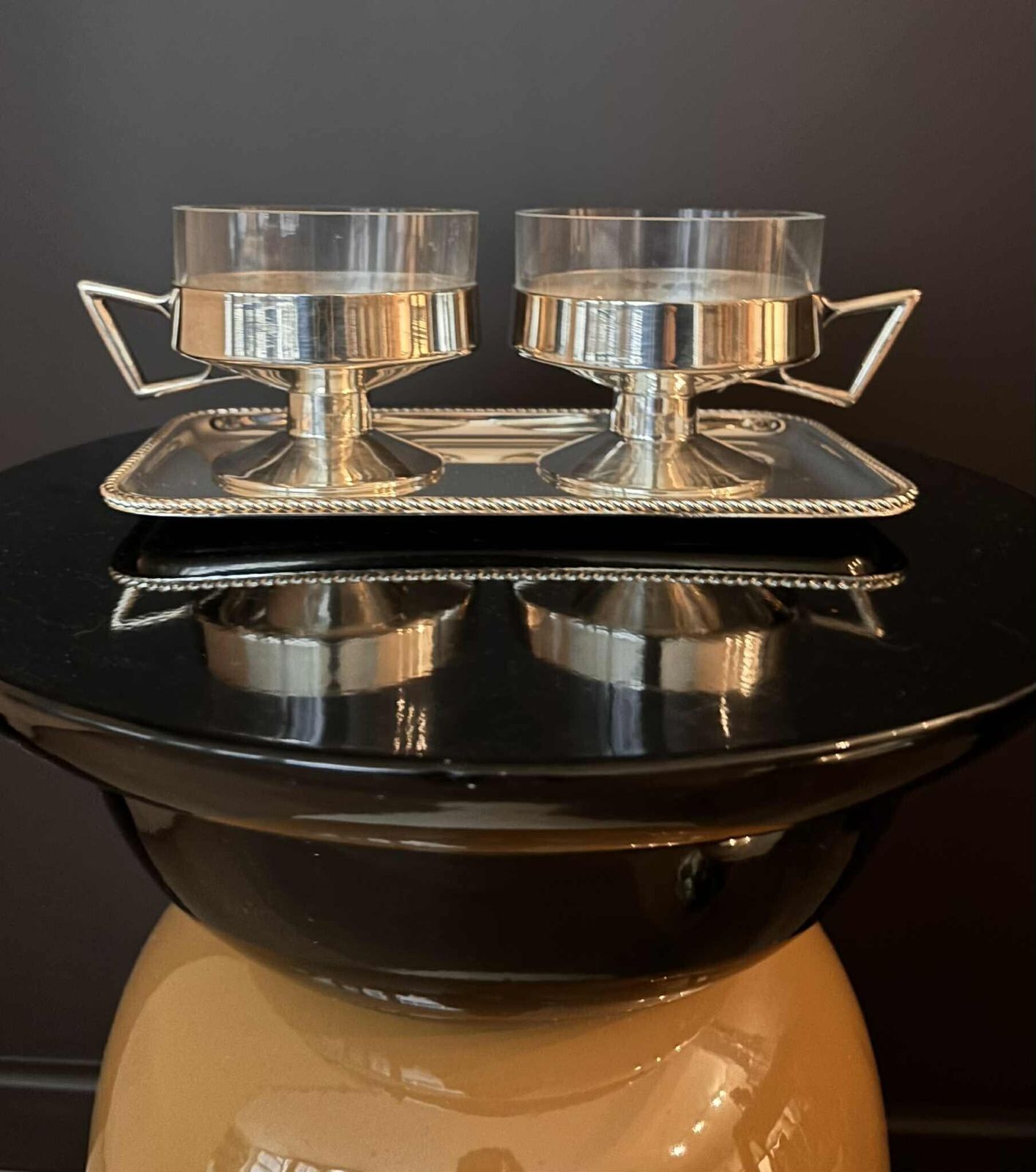 Vintage 1930s German Silver Plated Messing Versilbert Cups With Glass Inserts + Tray | Late Art Deco | Set Of 2 photo furniture