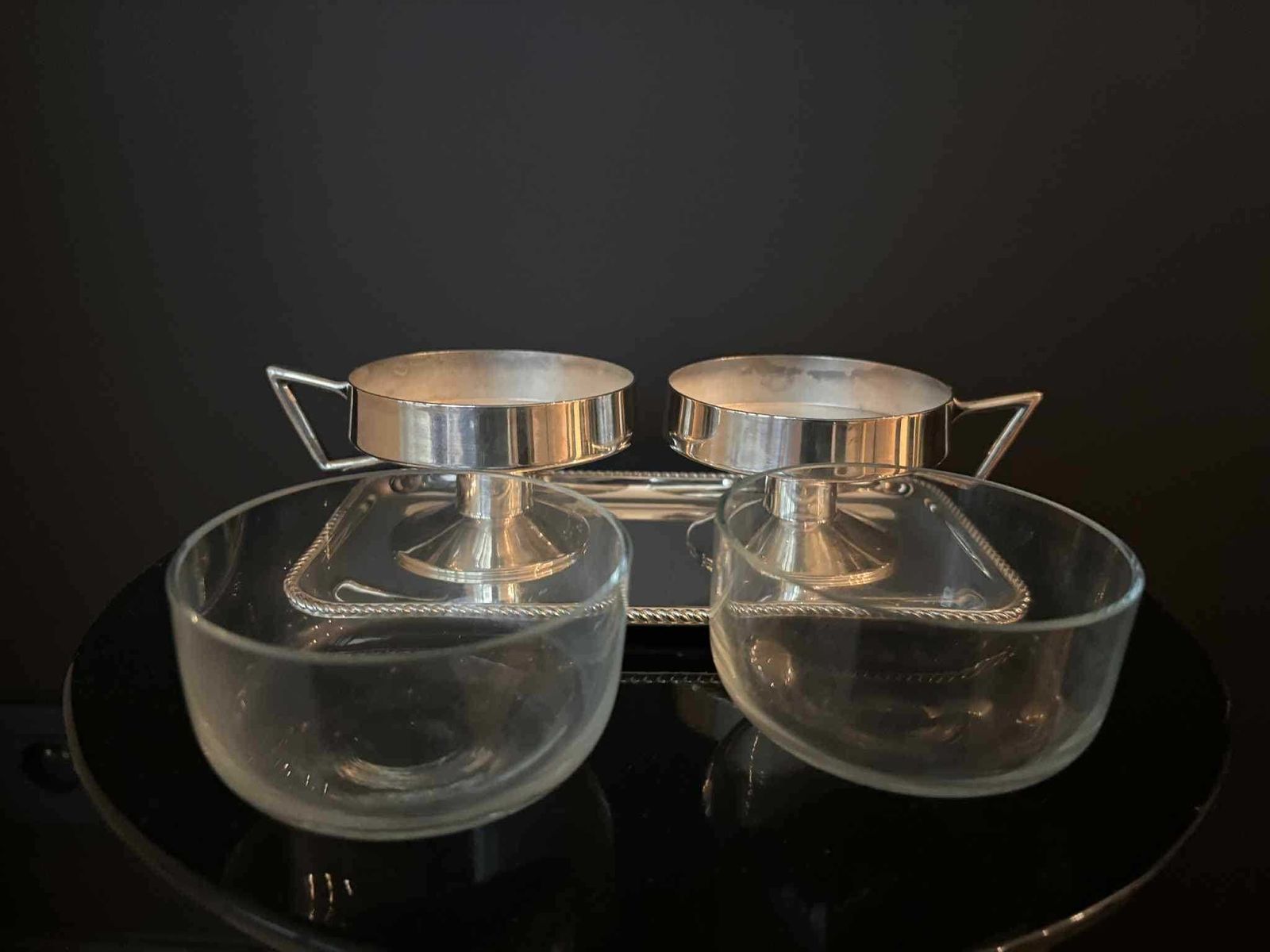 Vintage 1930s German Silver Plated Messing Versilbert Cups With Glass Inserts + Tray | Late Art Deco | Set Of 2 photo Home Decor