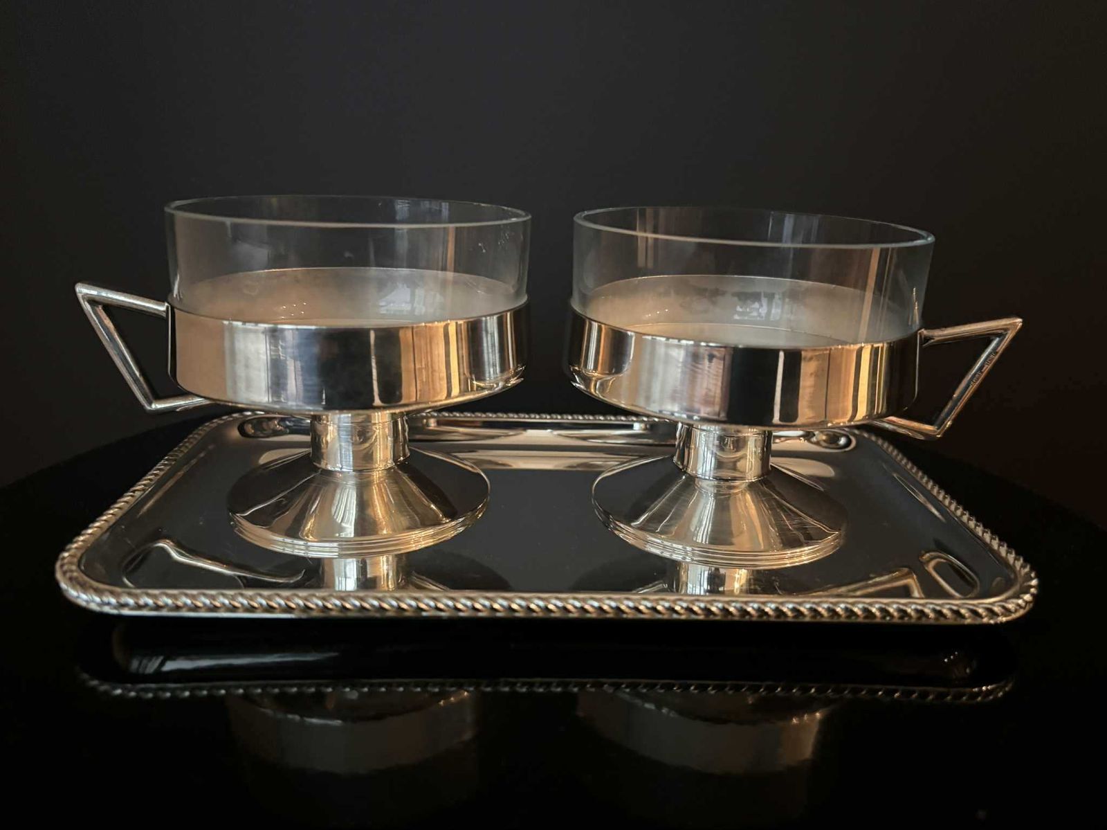 photo buy Vintage 1930s German Silver Plated Messing Versilbert Cups With Glass Inserts + Tray | Late Art Deco | Set Of 2