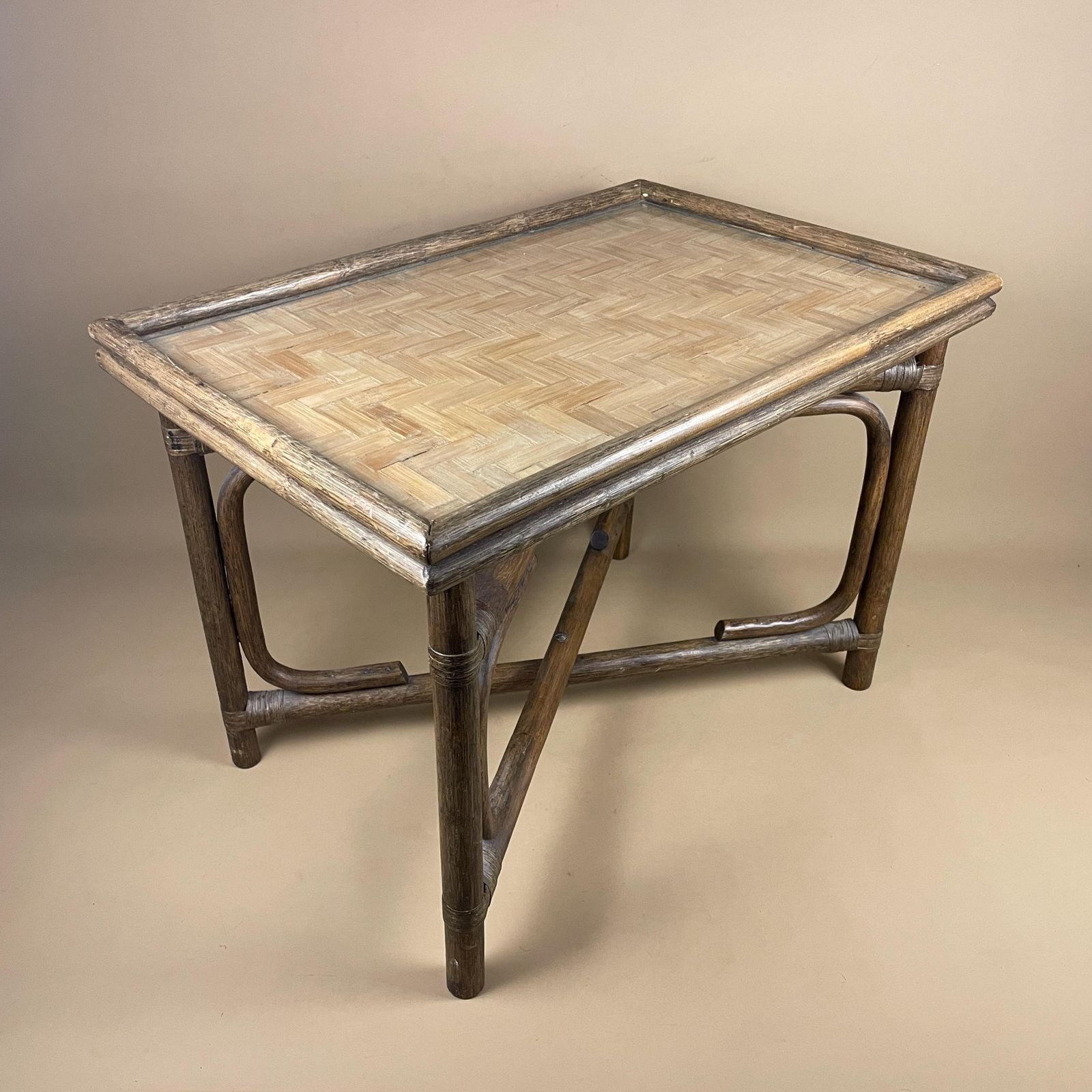 Vintage Bamboo Rattan Table Woven Boho Side Table Glass Top Fold Down Mid Century Accent Tropical Furniture Natural Wood Home Decor. photo Furniture