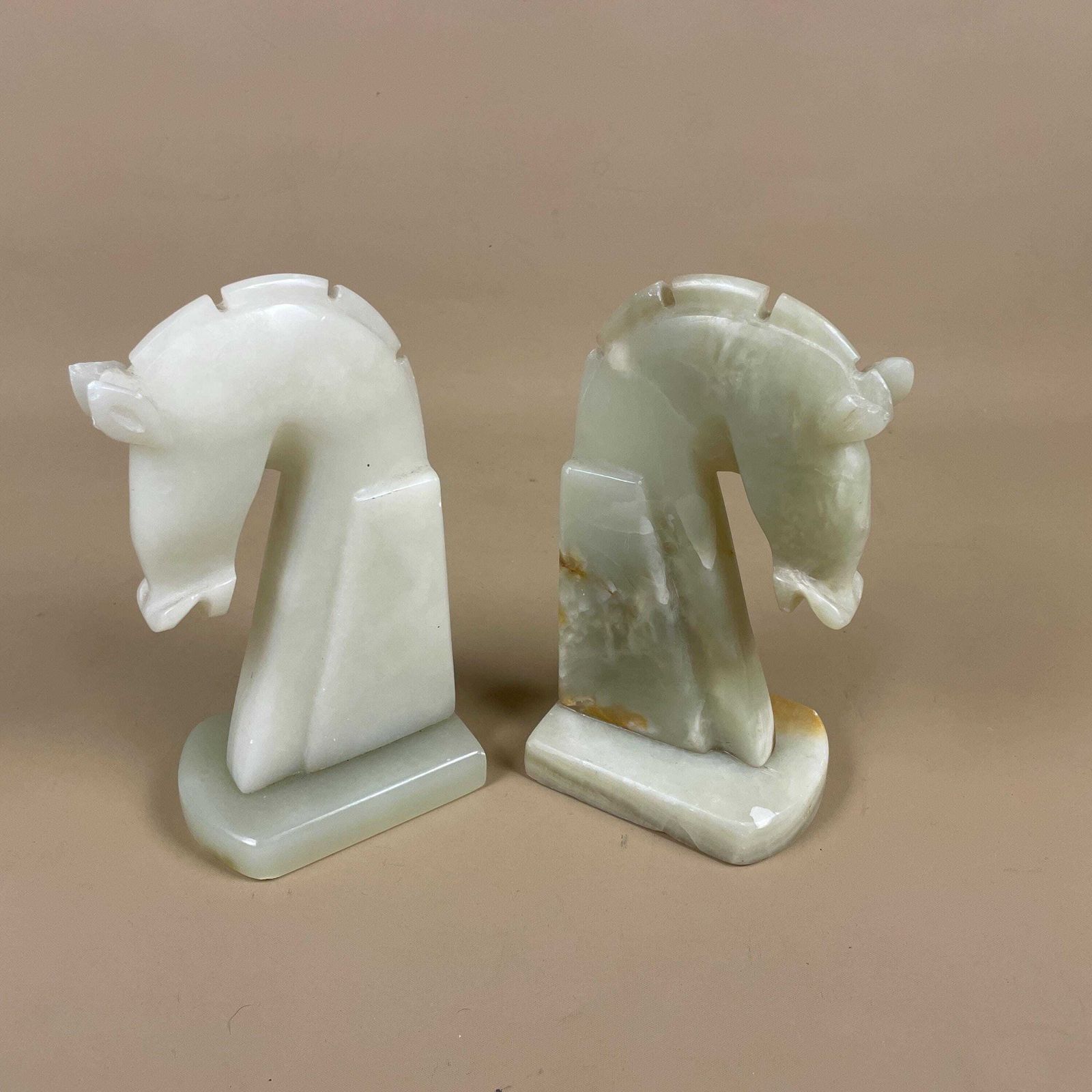 Pair Of 2 Vintage Marble Onyx Stone Bookends Book Ends Horse Heads Green Decorative Library Book Shelf Shelves Heavy Marbled Pony Horses