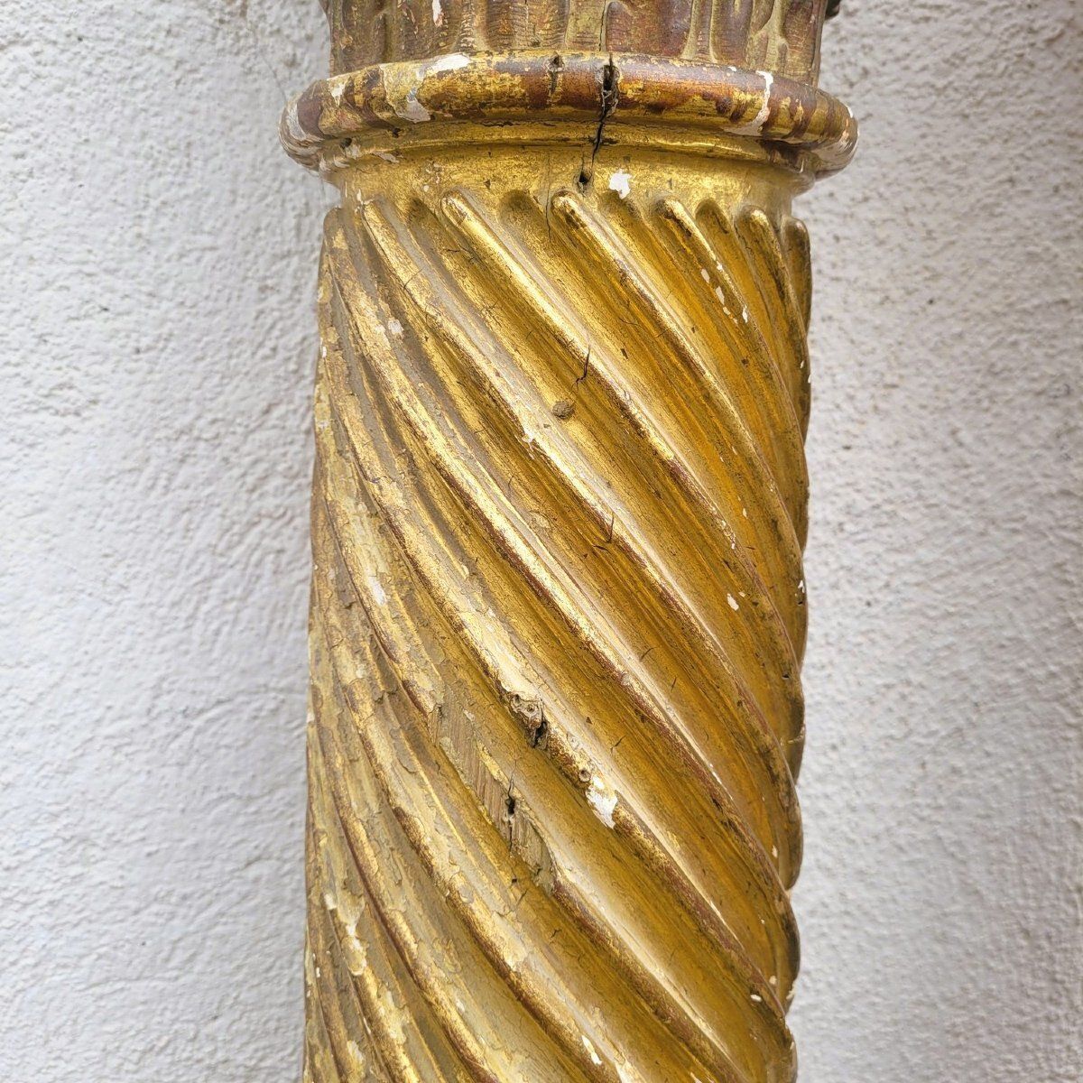 Pair Of Gilded And Carved Wooden Columns, 17th Century photo for sale