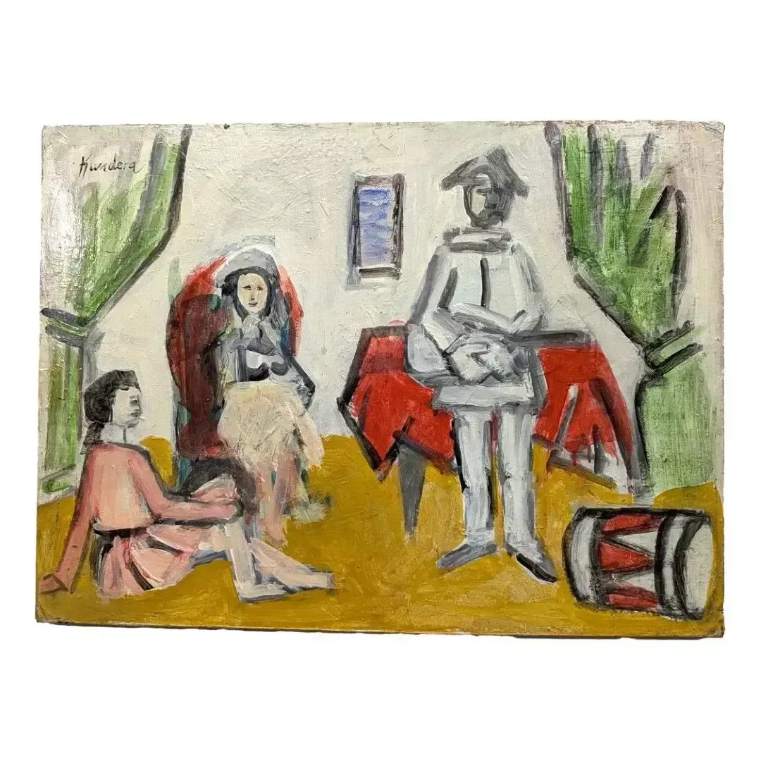 Oil On Cardboard, Harlequin And Two Young Girls, 20th Century, Rudolf Kundera, Czech School