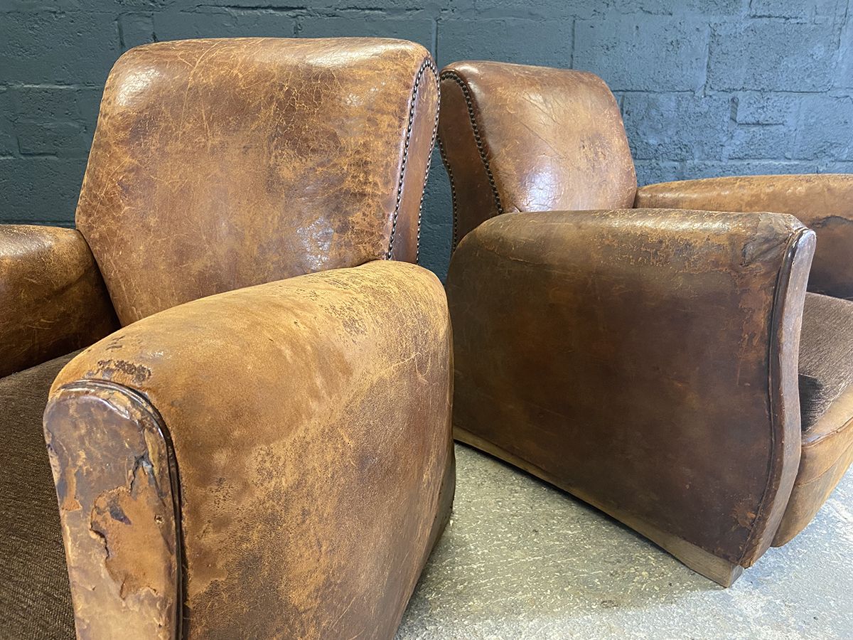 photo for sale Pair Of Original French Art Deco Leather Club Chairs