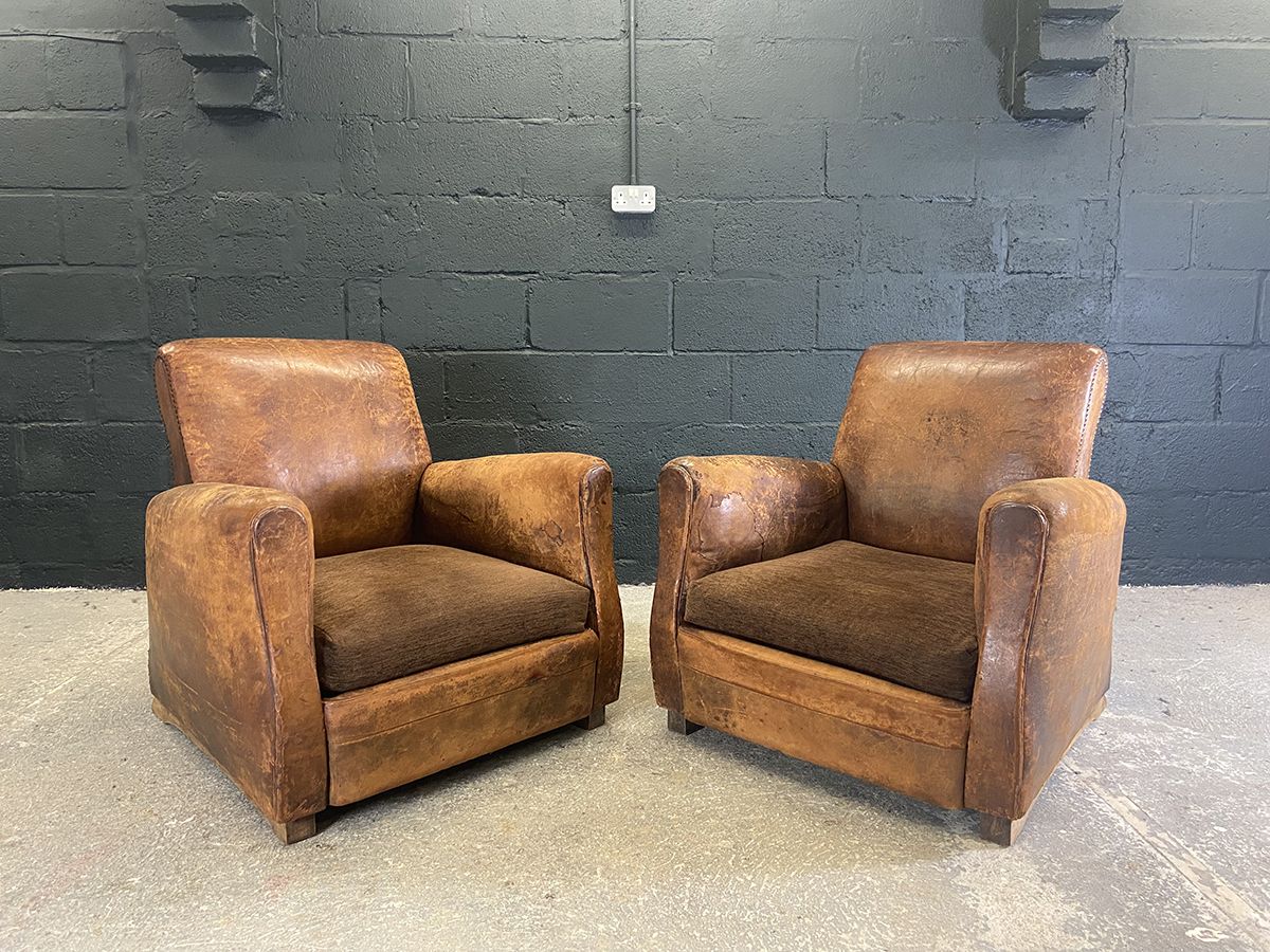Pair Of Original French Art Deco Leather Club Chairs photo furniture