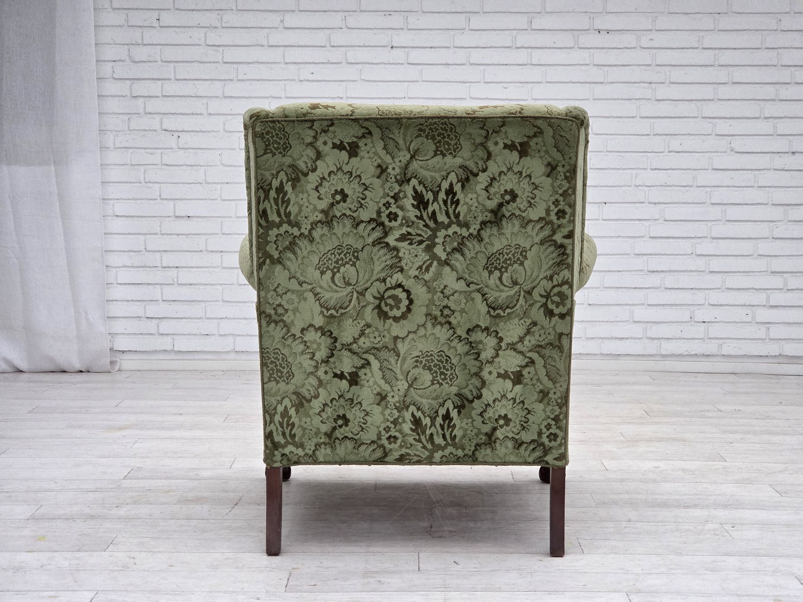 1950s, Danish Relax Armchair, Green Furniture Velour, Carved Oak Wood. photo furniture