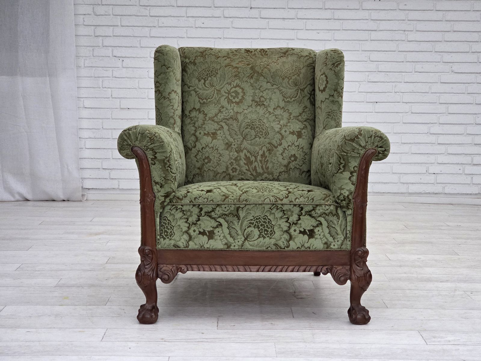 1950s, Danish Relax Armchair, Green Furniture Velour, Carved Oak Wood. photo Furniture