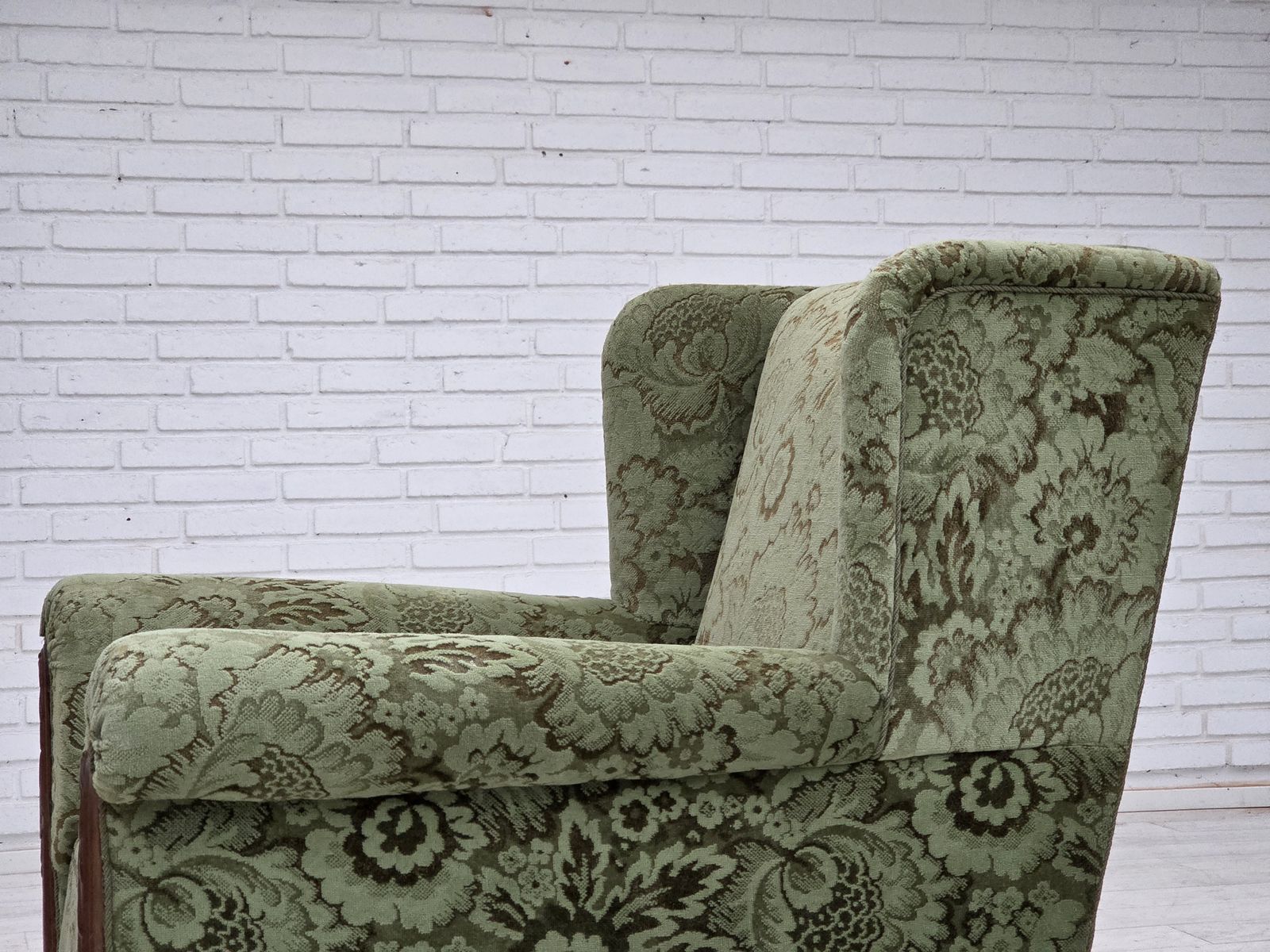 photo for sale 1950s, Danish Relax Armchair, Green Furniture Velour, Carved Oak Wood.