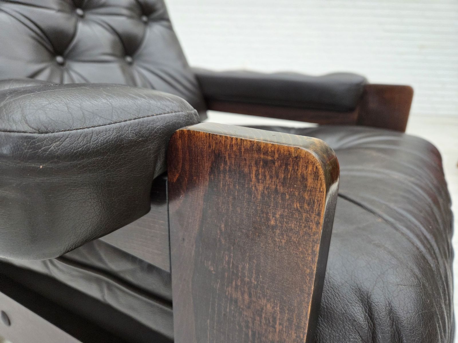 1970s, Danish Armchair, Brown Furniture Leather, Oak Wood. photo for sale
