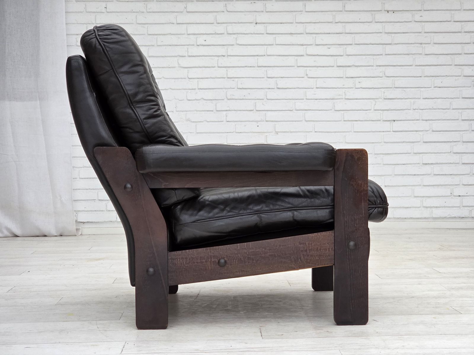 Furniture 1970s, Danish Armchair, Brown Furniture Leather, Oak Wood. photo