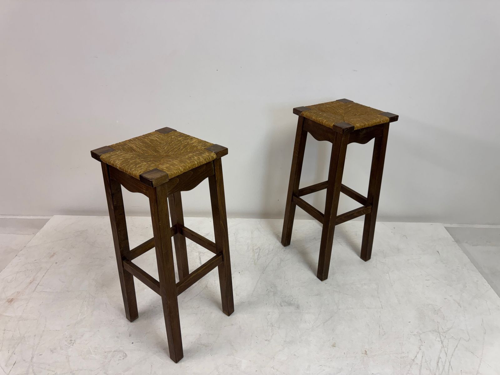 Pair Of Oak And Rush Bar Stools, France, 20th Century photo vintage