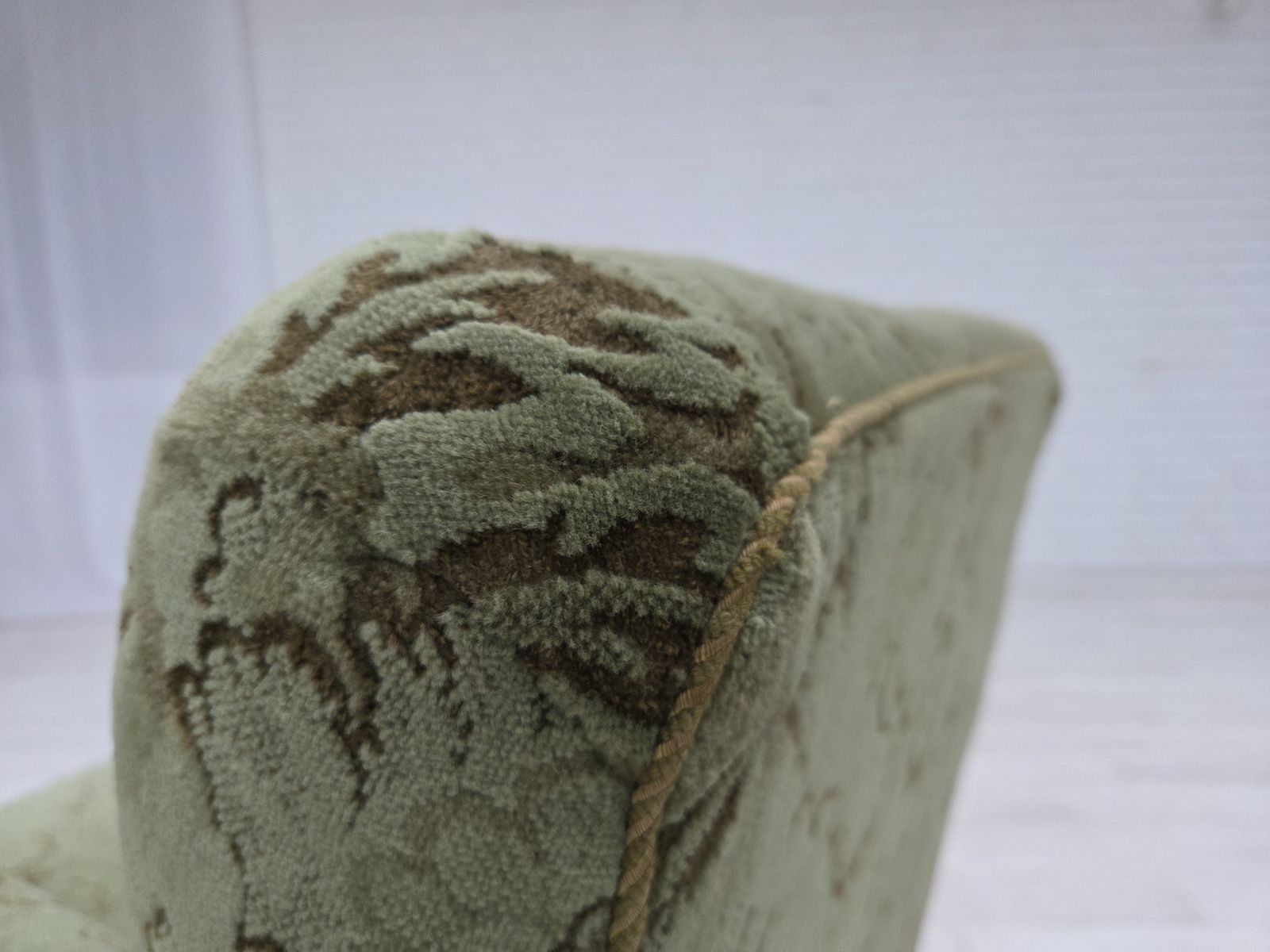 1950s, Danish Armchair, Green Furniture Velour, Carved Oak Wood. photo vintage