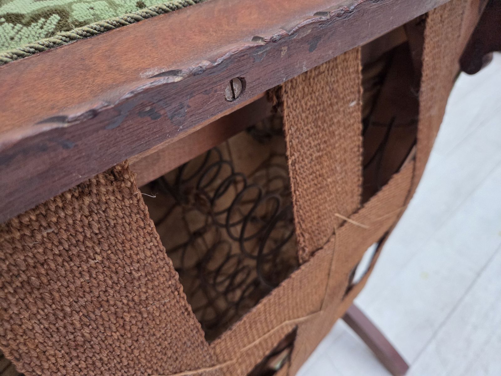 1295.0 1950s, Danish Armchair, Green Furniture Velour, Carved Oak Wood. photo