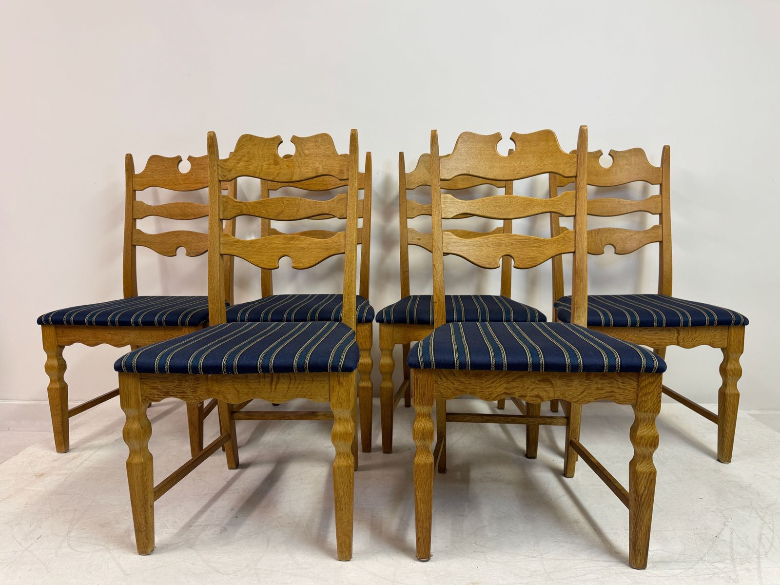 Set Of Six “Razorblade” Dining Chairs By Henning Kjaernulf, Oak, 1960s photo for sale