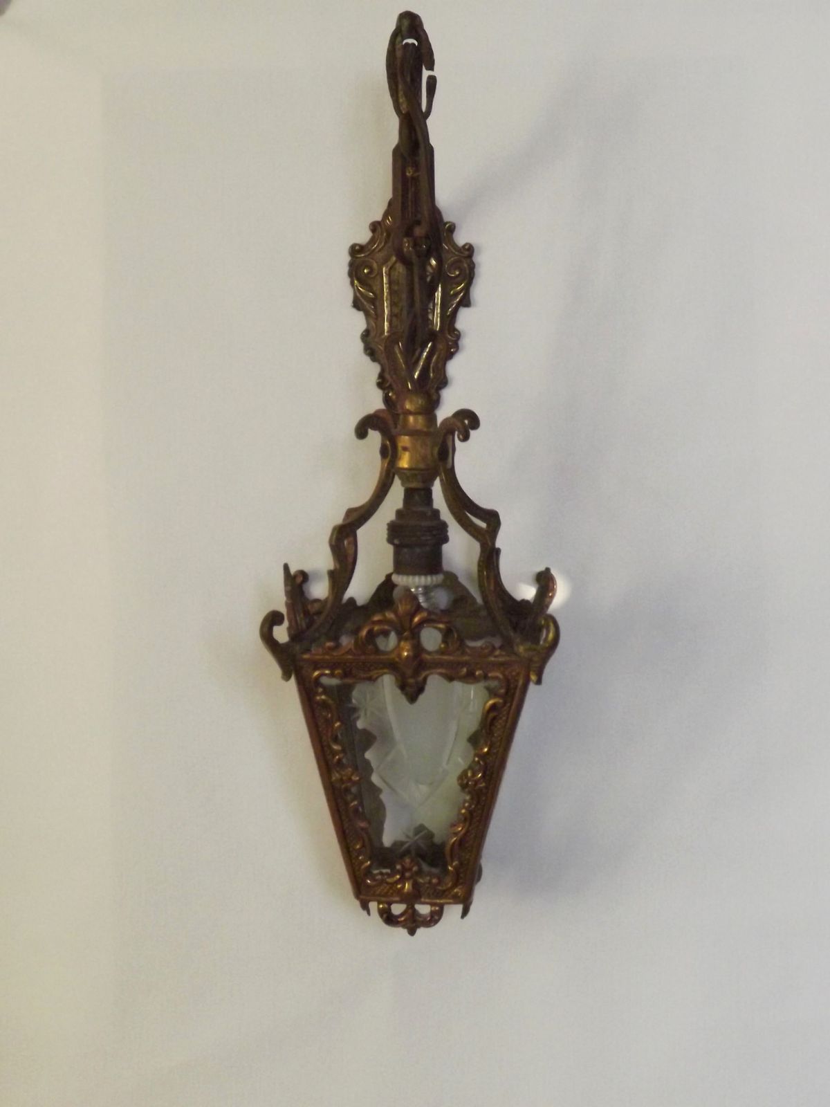 Antique French Bronze Wall Lamp Hanging Mini Lantern Etched Starburst Glass Panels photo furniture