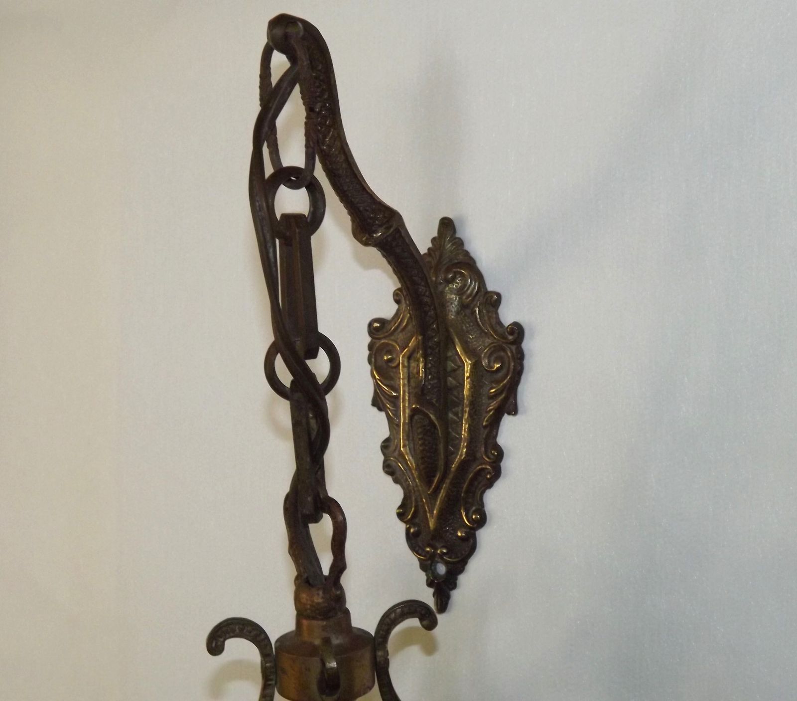 Antique French Bronze Wall Lamp Hanging Mini Lantern Etched Starburst Glass Panels photo vinterior