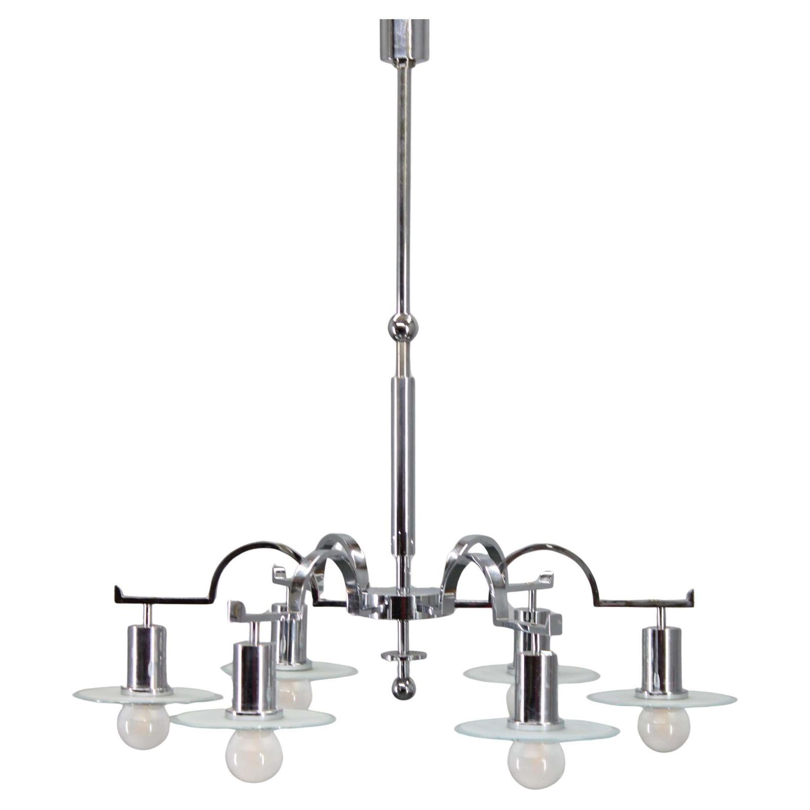 Art Deco Chrome Chandelier With 6 Sandblasted Glass Discs, Czechoslovakia 1930s
