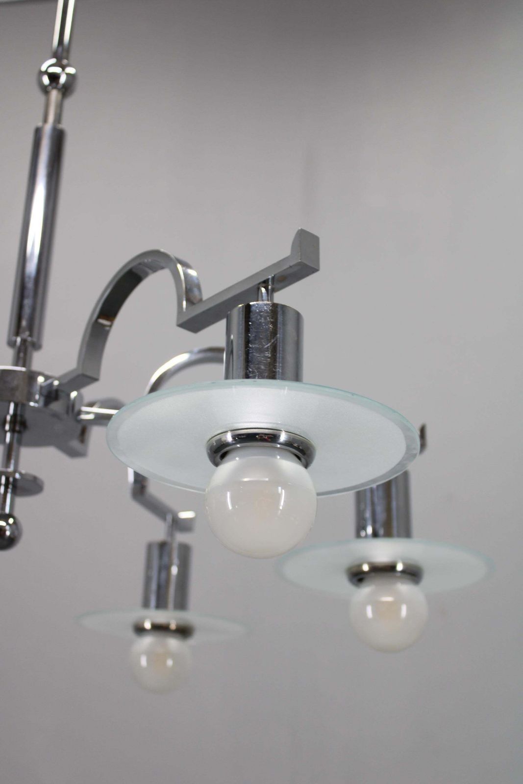 Art Deco Chrome Chandelier With 6 Sandblasted Glass Discs, Czechoslovakia 1930s photo Lighting