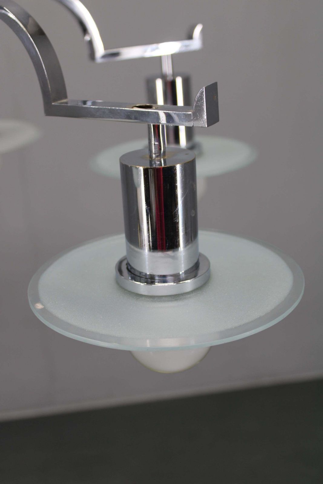 photo for sale Art Deco Chrome Chandelier With 6 Sandblasted Glass Discs, Czechoslovakia 1930s