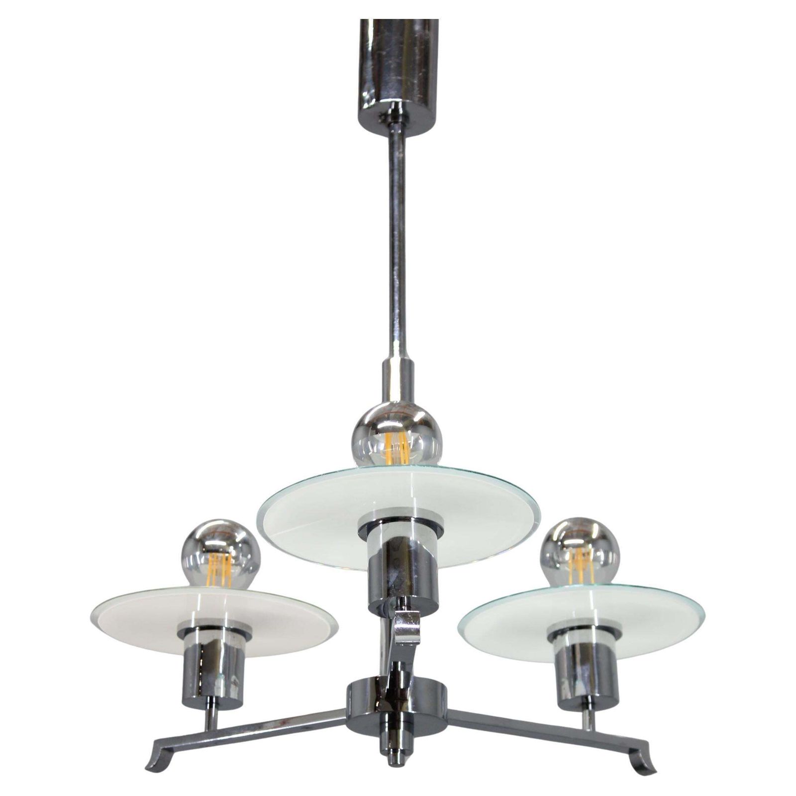 Art Deco Chrome And Sandblasted Glass Chandelier, Czechoslovakia, 1940s