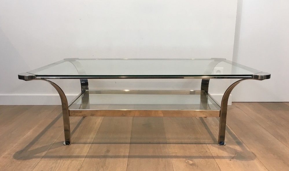 Large Design Chrome Coffee Table With Glass Shelves. French. Circa 1970 photo Furniture