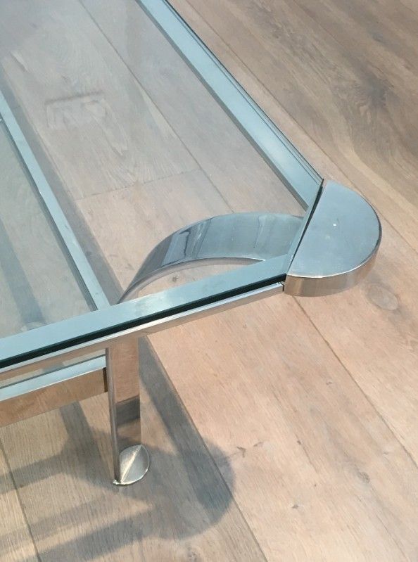 Large Design Chrome Coffee Table With Glass Shelves. French. Circa 1970 photo vintage