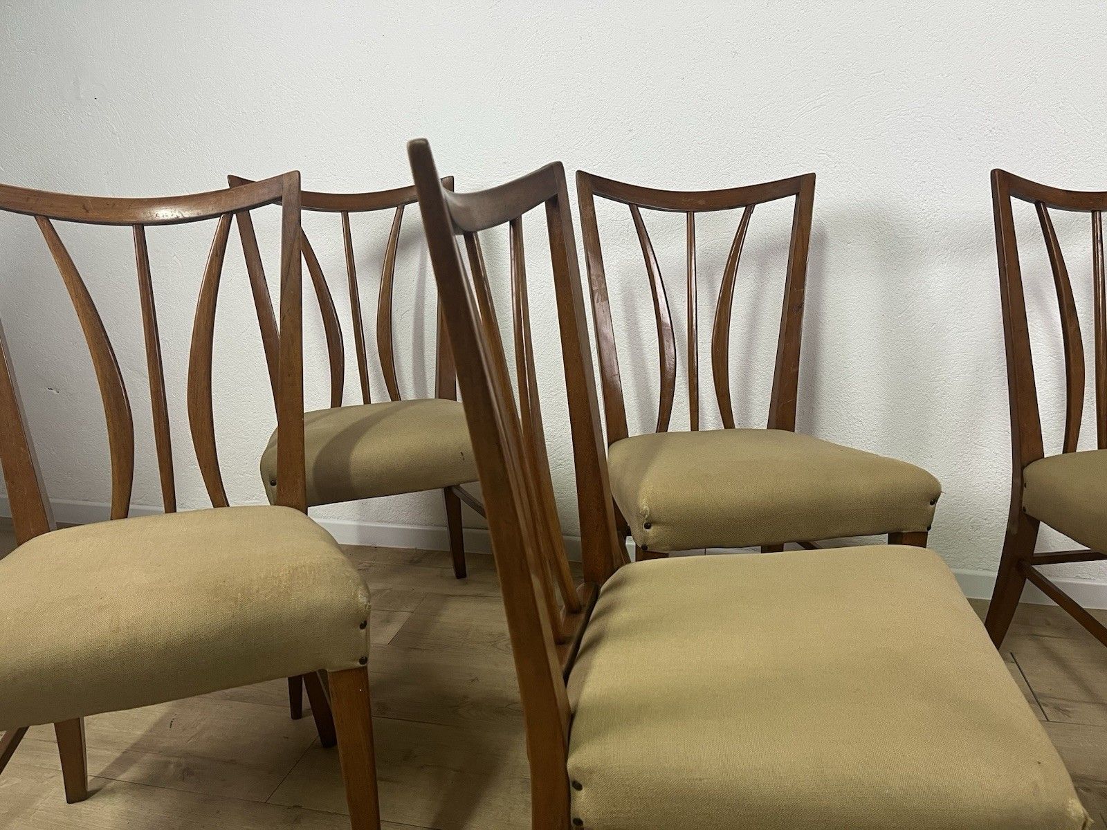 photo buy Set Of 6 Curved Wood Fabric Tempestini Chairs 1950’ Vintage Design