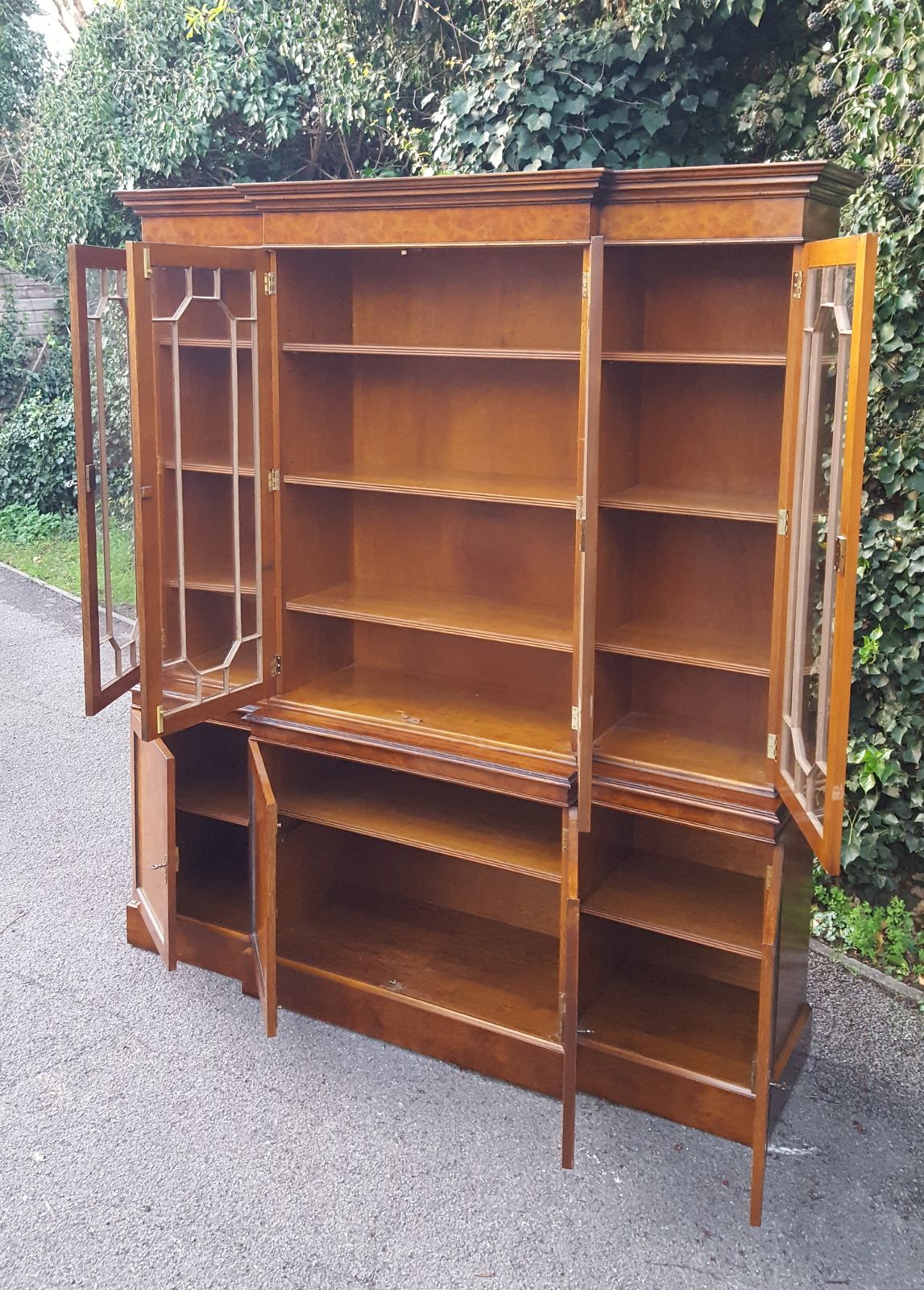 Antique Burr Walnut Breakfront Library Bookcase photo vinterior