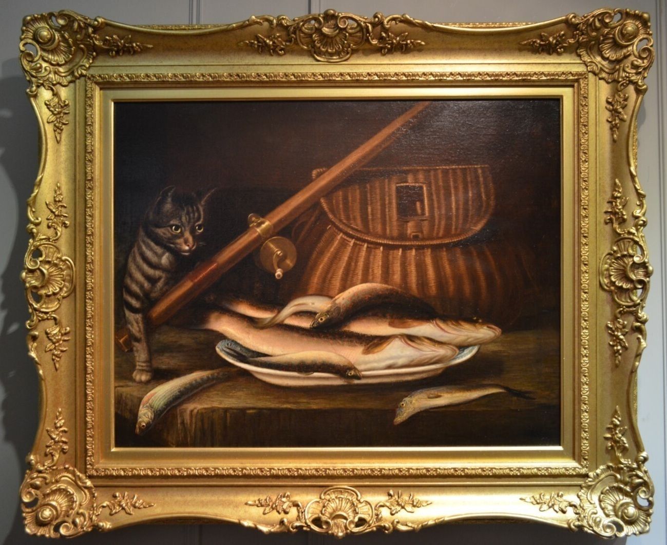 19thc Oil Of Cat And Fish Attributed To Horatio Henry Couldery