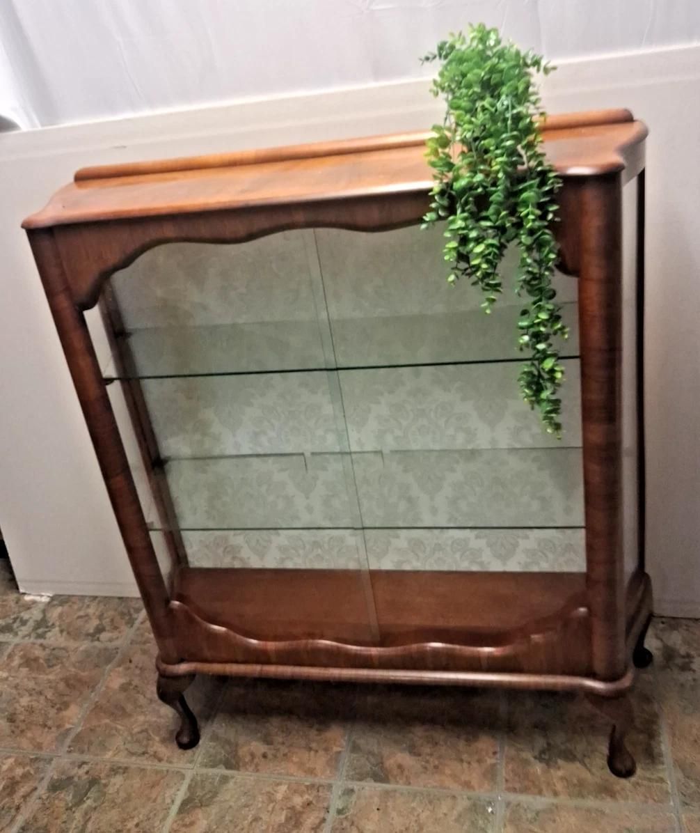 Antique Art Deco Glass Display Drink Cabinet In Walnut Burr Restored