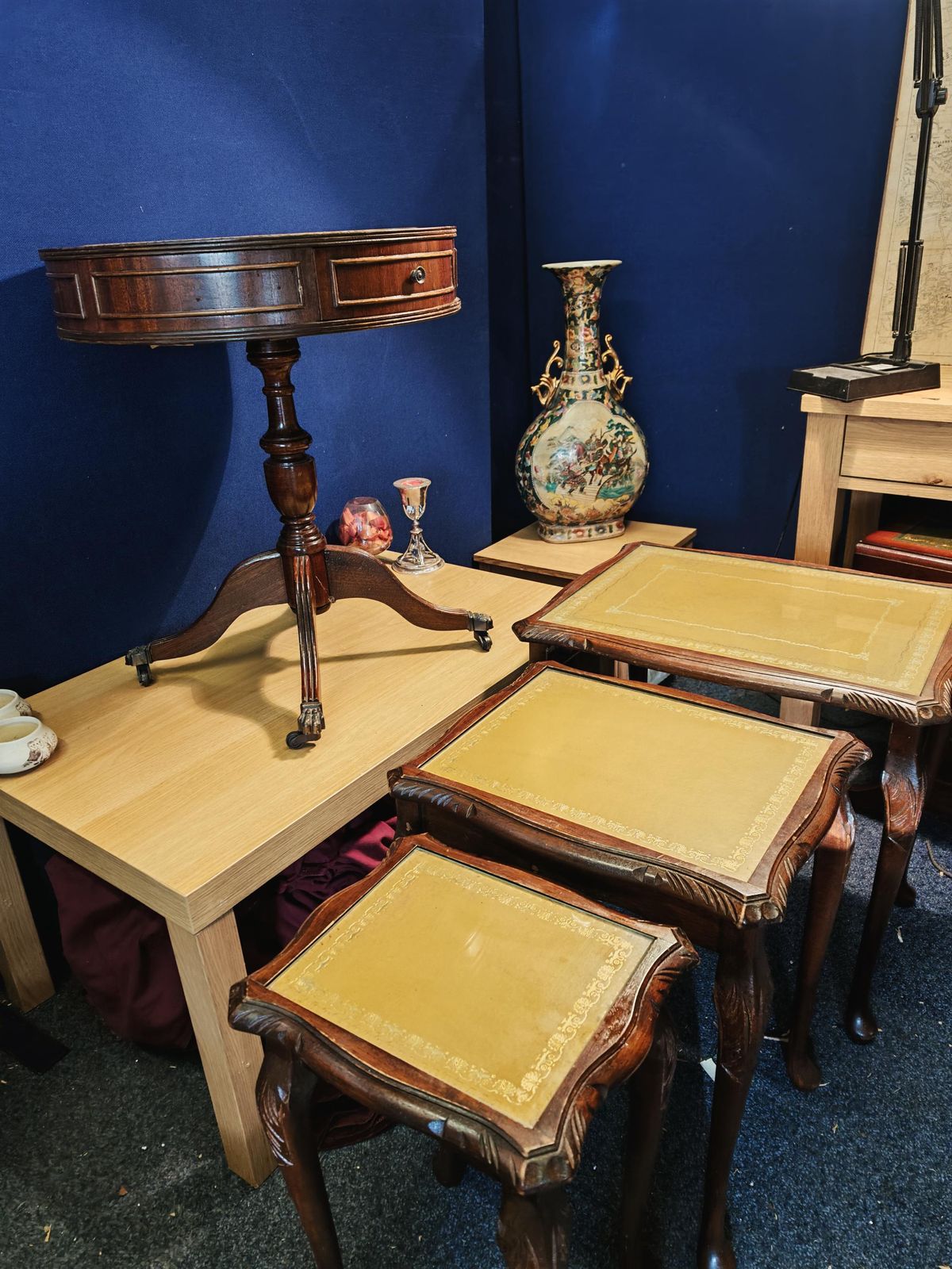 Vintage Mahogany 2 Drawer Drum Table With Leather Top photo furniture