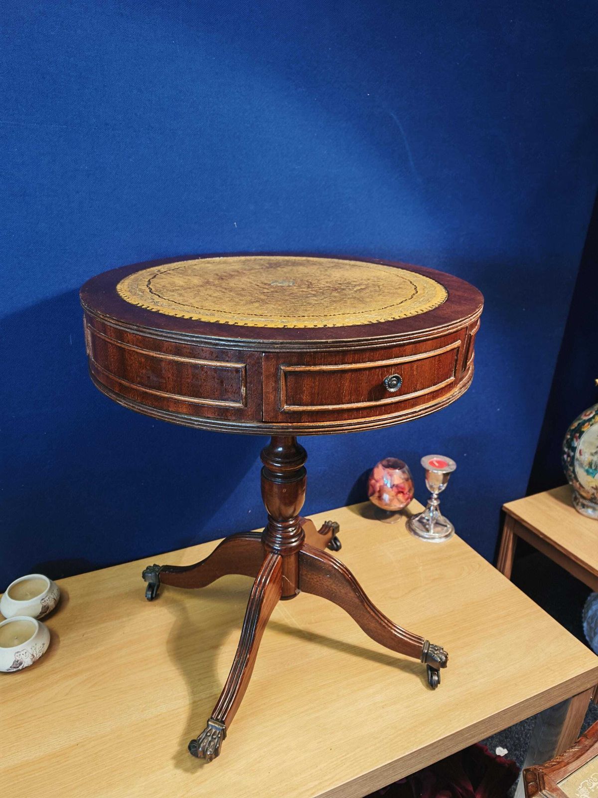 Vintage Mahogany 2 Drawer Drum Table With Leather Top photo Furniture