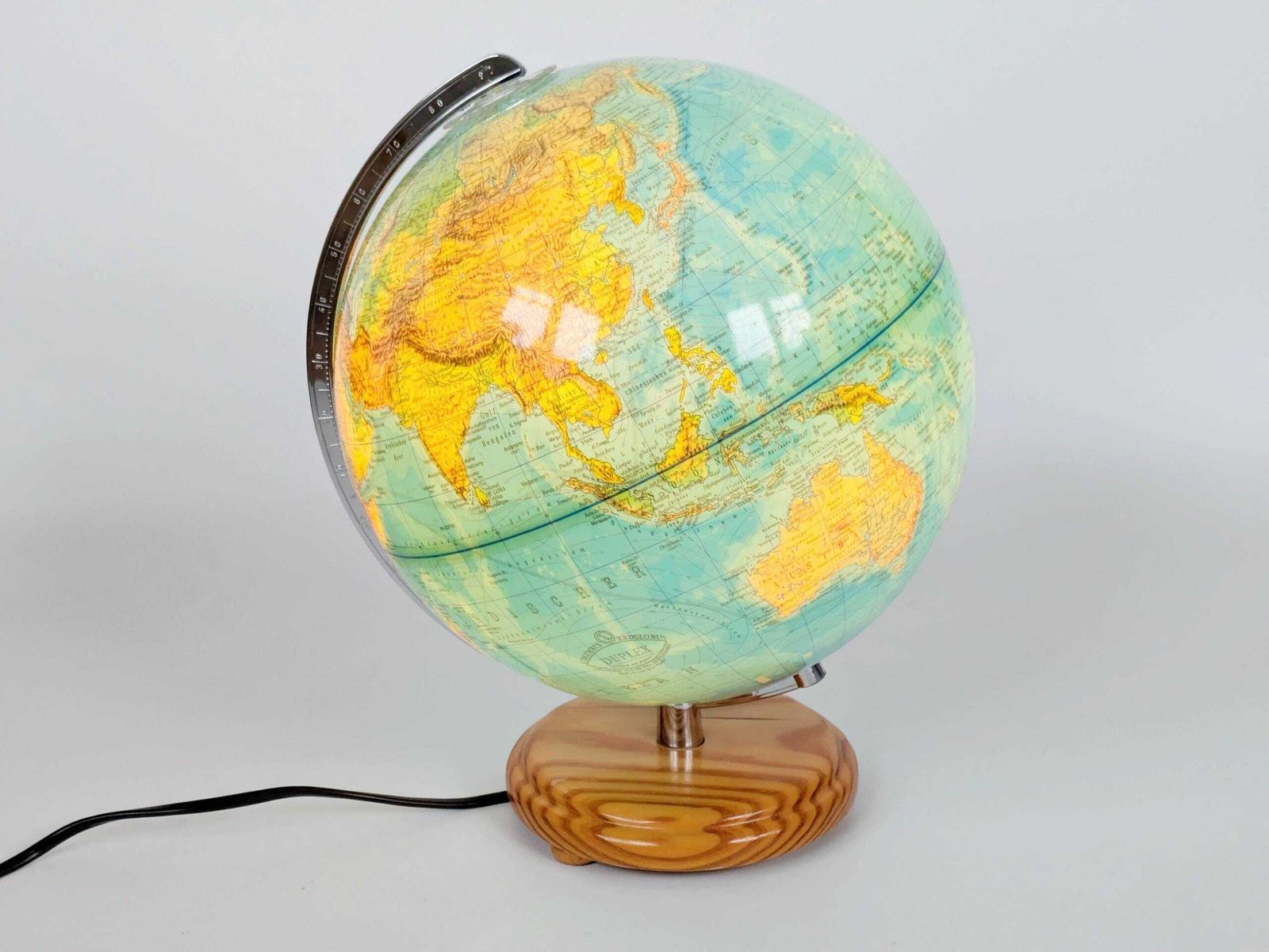 Vintage 1980s Columbus Duplex Illuminated Globe: Political & Physical Map, Pine Wood Base, European Plug photo vintage