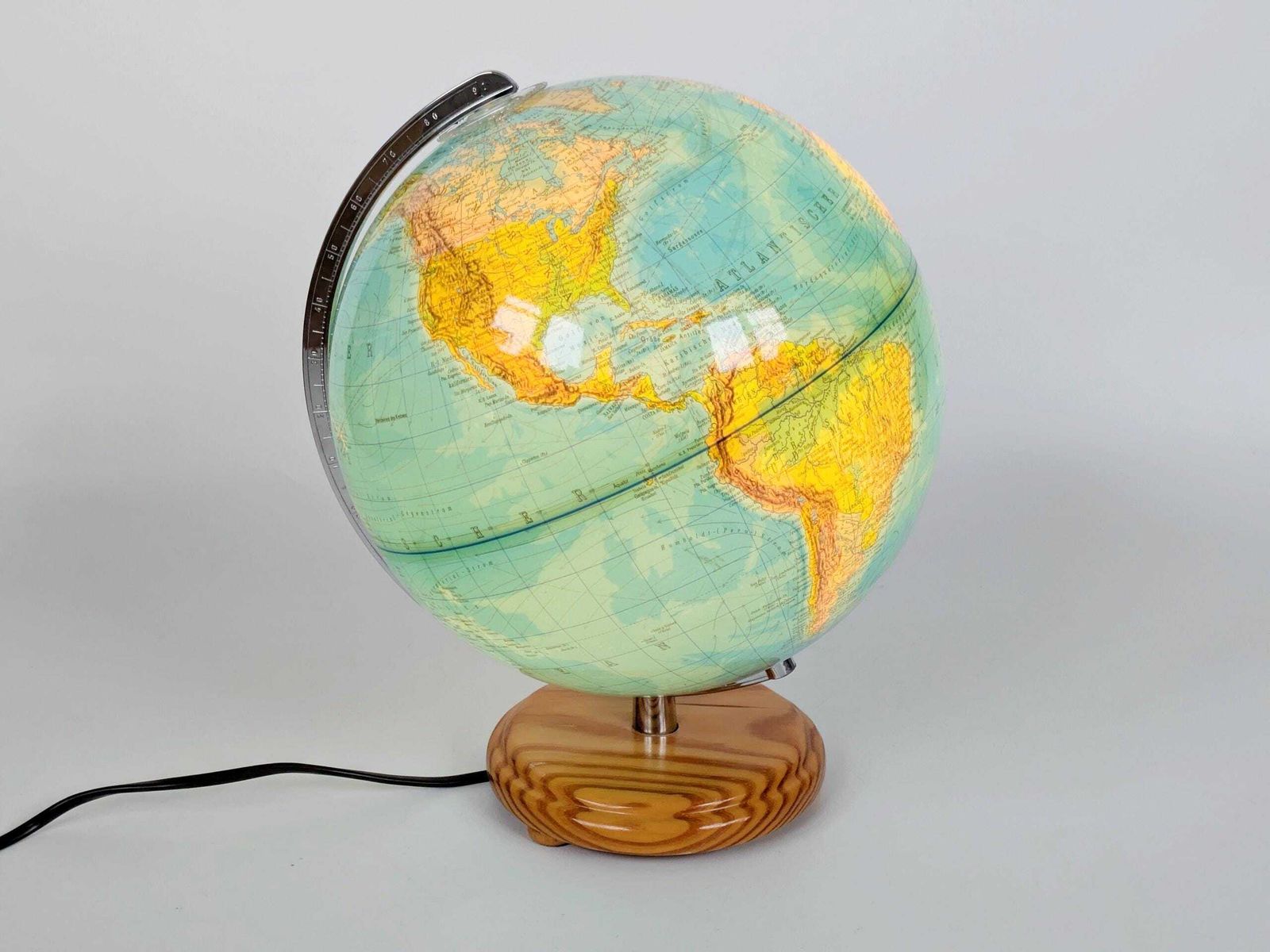 photo furniture Vintage 1980s Columbus Duplex Illuminated Globe: Political & Physical Map, Pine Wood Base, European Plug