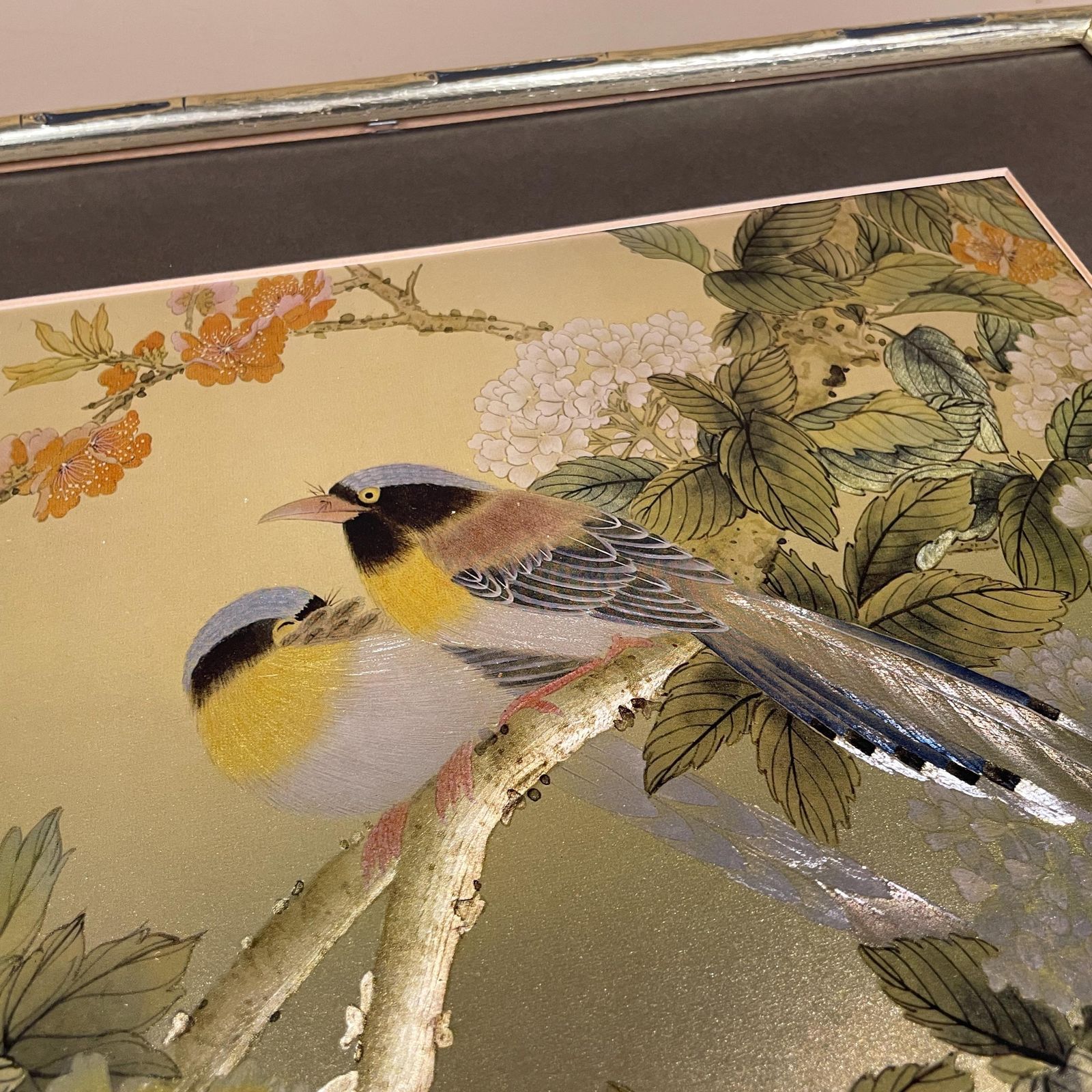 Japanese Bird Floral Artwork Picture Art Oriental Style Gold Frame Peony Songbirds Illustration Nature Scene Shimmering Shiny Effect photo 65.0