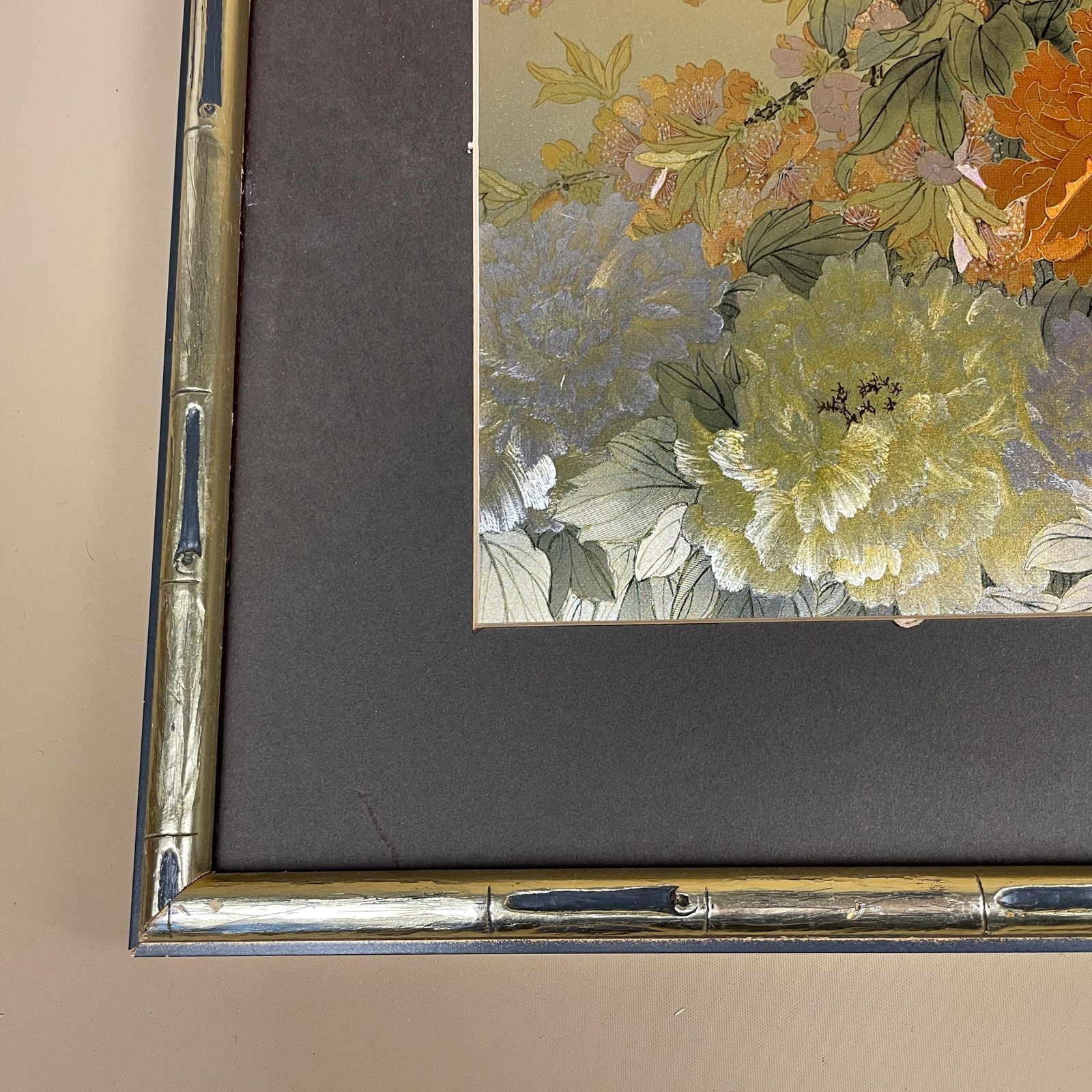 Japanese Bird Floral Artwork Picture Art Oriental Style Gold Frame Peony Songbirds Illustration Nature Scene Shimmering Shiny Effect photo buy