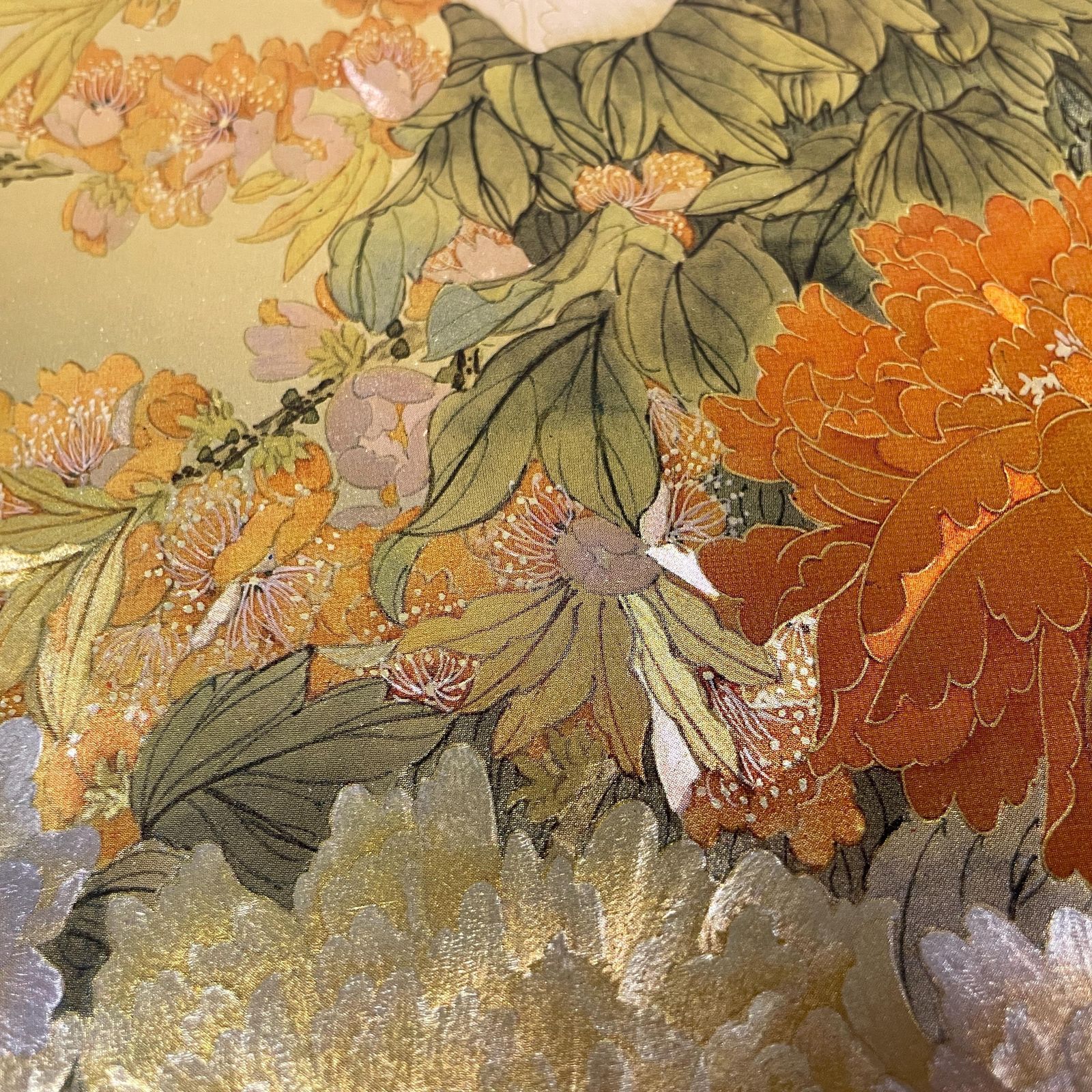 Japanese Bird Floral Artwork Picture Art Oriental Style Gold Frame Peony Songbirds Illustration Nature Scene Shimmering Shiny Effect photo vintage