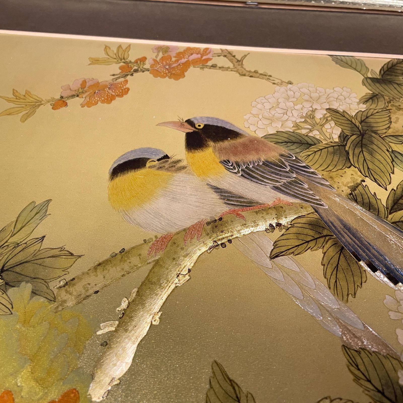 photo for sale Japanese Bird Floral Artwork Picture Art Oriental Style Gold Frame Peony Songbirds Illustration Nature Scene Shimmering Shiny Effect