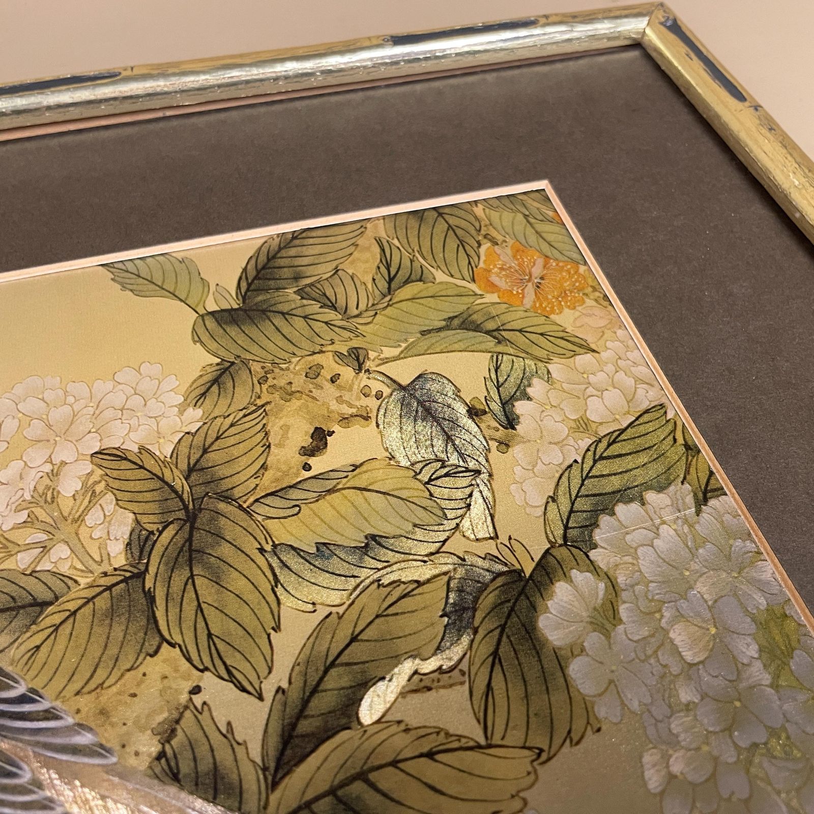 Art Japanese Bird Floral Artwork Picture Art Oriental Style Gold Frame Peony Songbirds Illustration Nature Scene Shimmering Shiny Effect photo