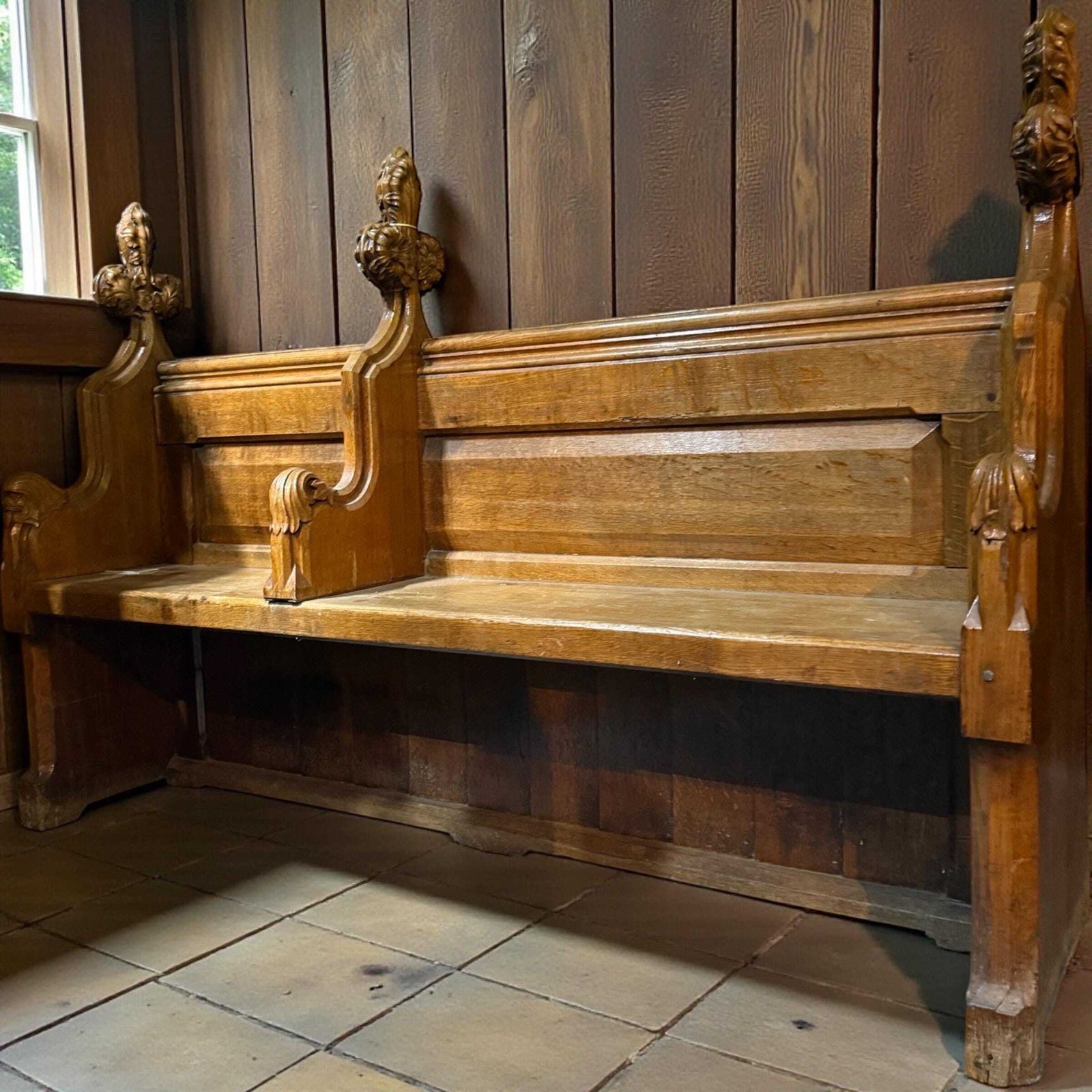 Antique Hand Carved Gothic Oak Bench – Church Pew / Hall Seat