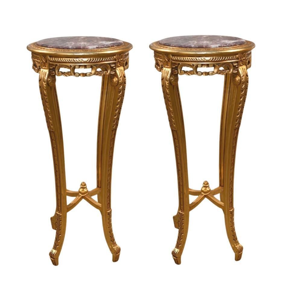 Pair French Louis XVI Giltwood Pedestals Tables Marble Tops