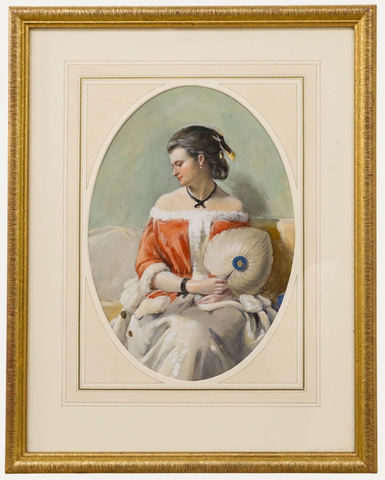 Framed Early 20th Century Watercolour Portrait Of A Lady Holding A Fan