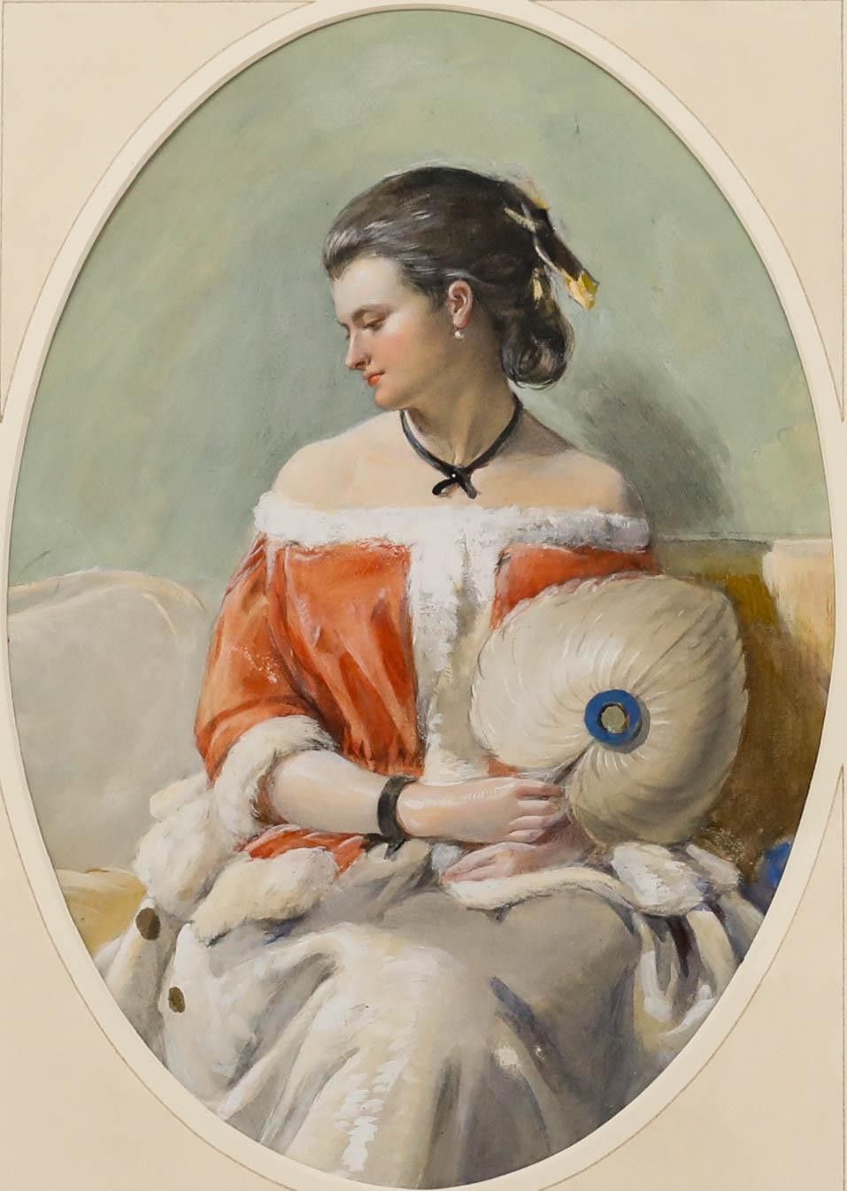 Framed Early 20th Century Watercolour Portrait Of A Lady Holding A Fan photo furniture