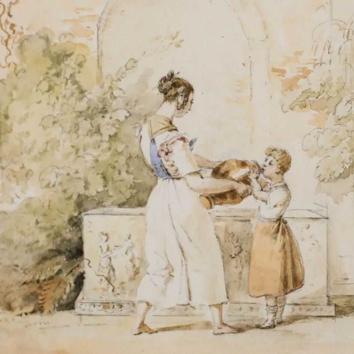 Framed Late 19th Century Watercolour At The Fountain photo Art