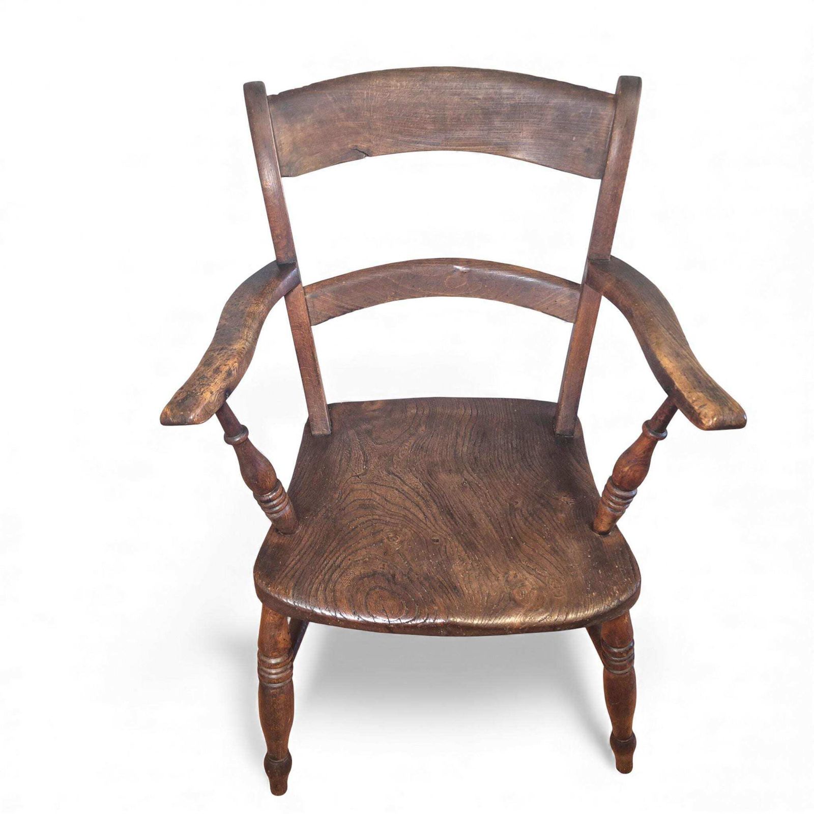 Antique Beech & Elm Country Armchair – 19th Century Bow Back Elbow Chair With Maker’s Stamp