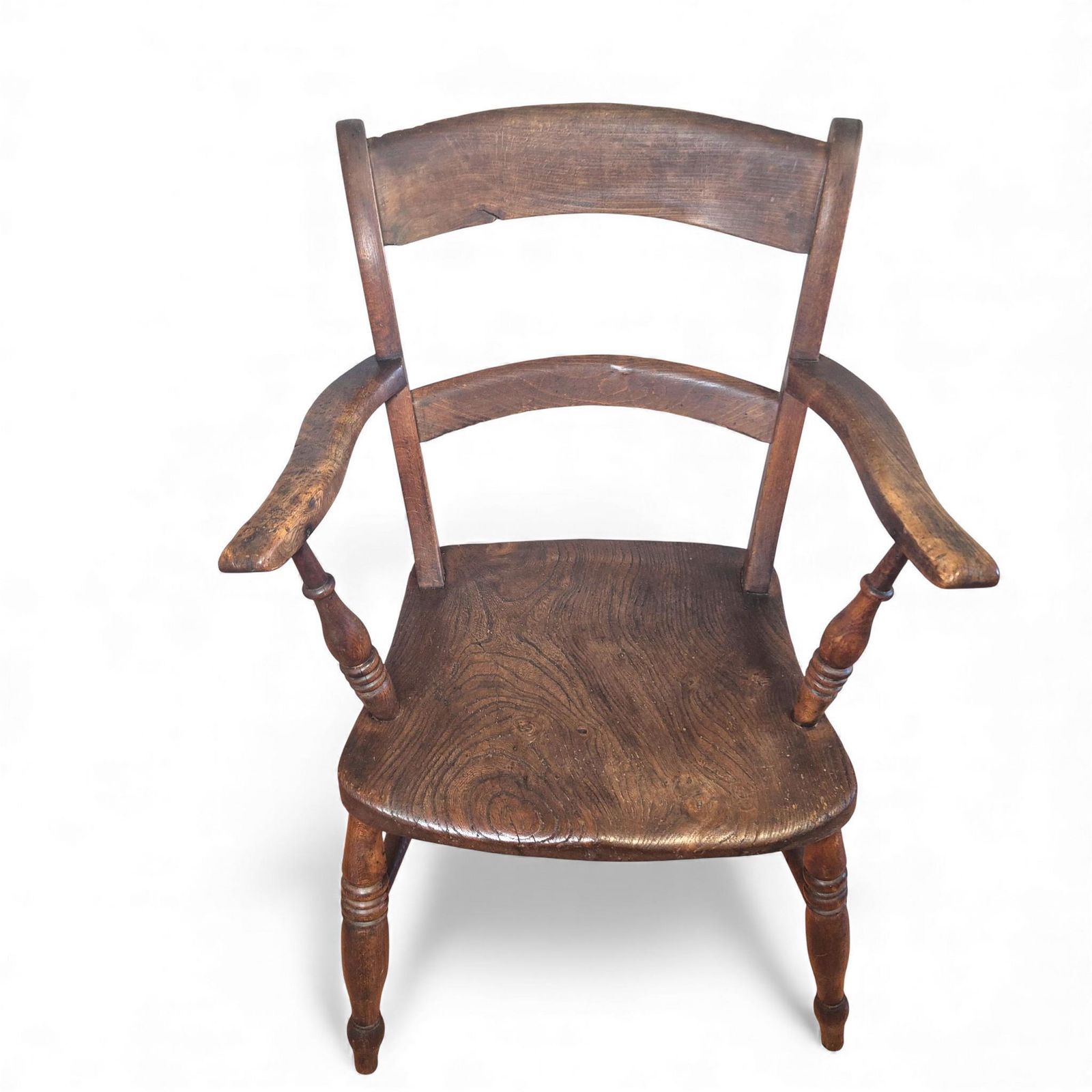 Antique Beech & Elm Country Armchair – 19th Century Bow Back Elbow Chair With Maker’s Stamp photo for sale